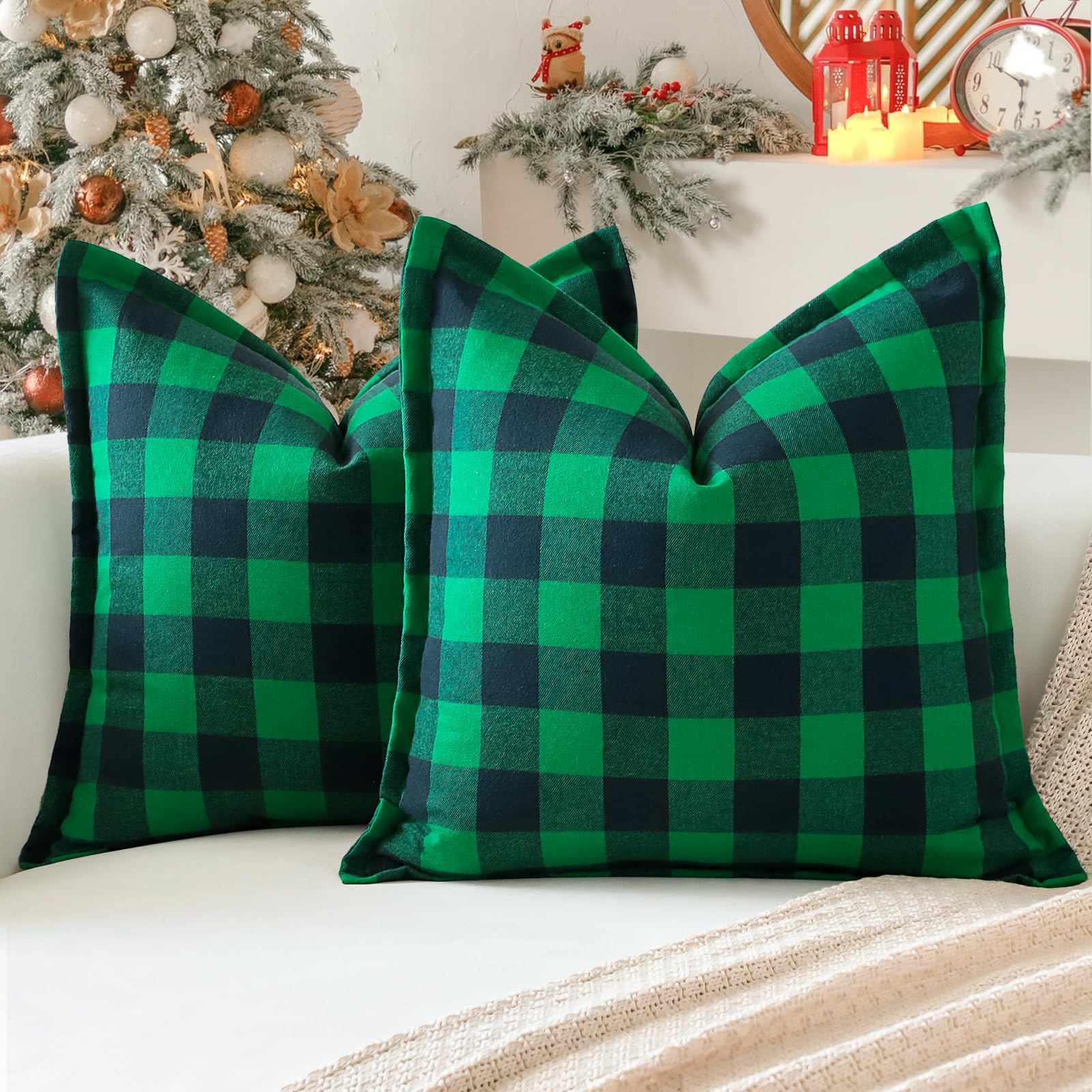 OTOSTAR Pack of 2 Buffalo Check Christmas Throw Pillow Covers 16x16 Inch Decorative Linen Tartan Plaid Square Pillow Covers with Stitched Edge Home