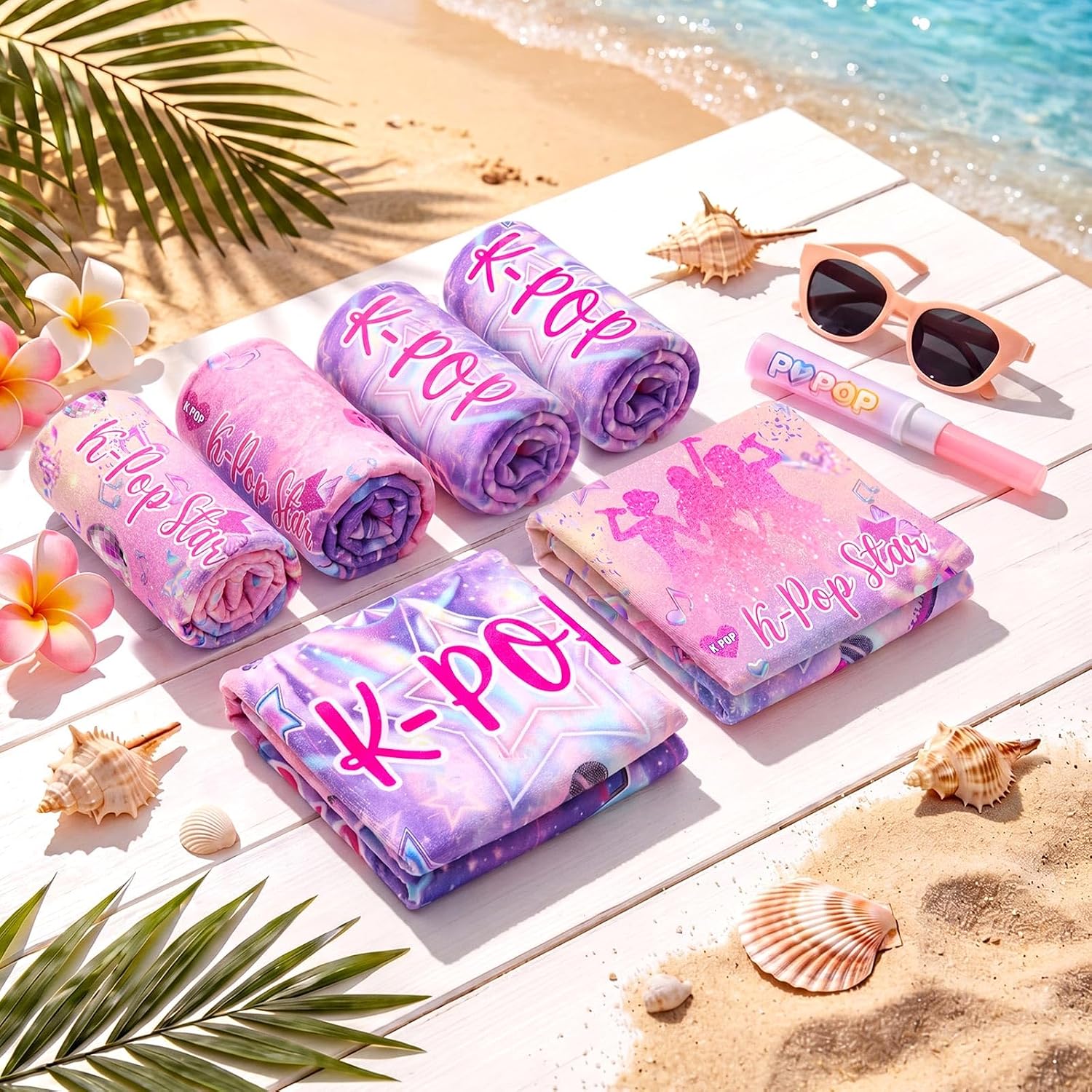 Frienda 6 Pack Kpop Beach Towel Purple Fast Drying Towel for Adult Women Men Chair Cover Accessories Kpop Party Favors Disco Sparkling Music Party Fans Birthday Bachelorette Gifts, 30 x 60 Inches image 3