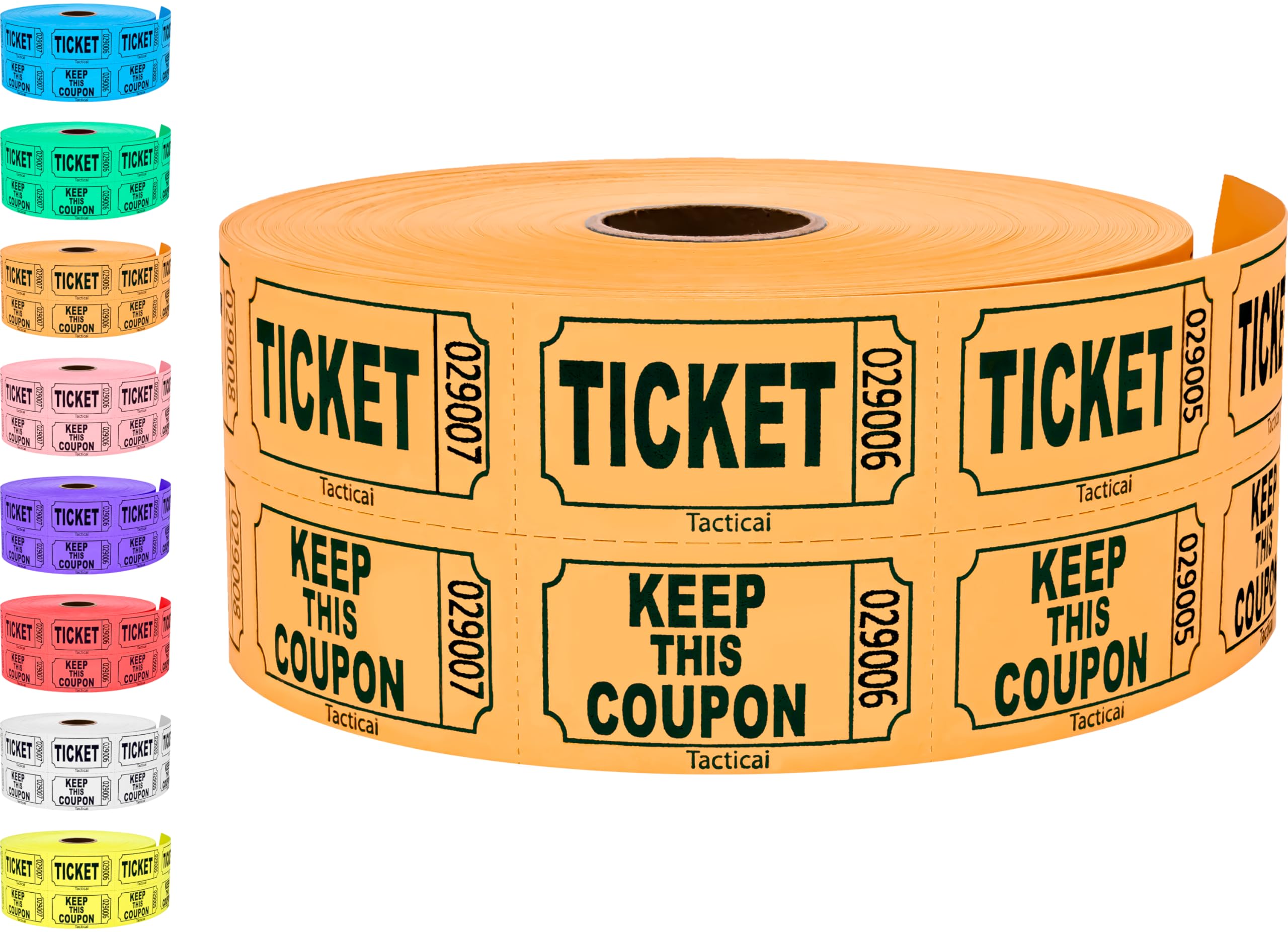 1000 Tacticai Raffle Tickets, Orange (1 of 8 Colors), Double Roll, Ticket for Events, Entry, Class Reward, Fundraiser & Prizes