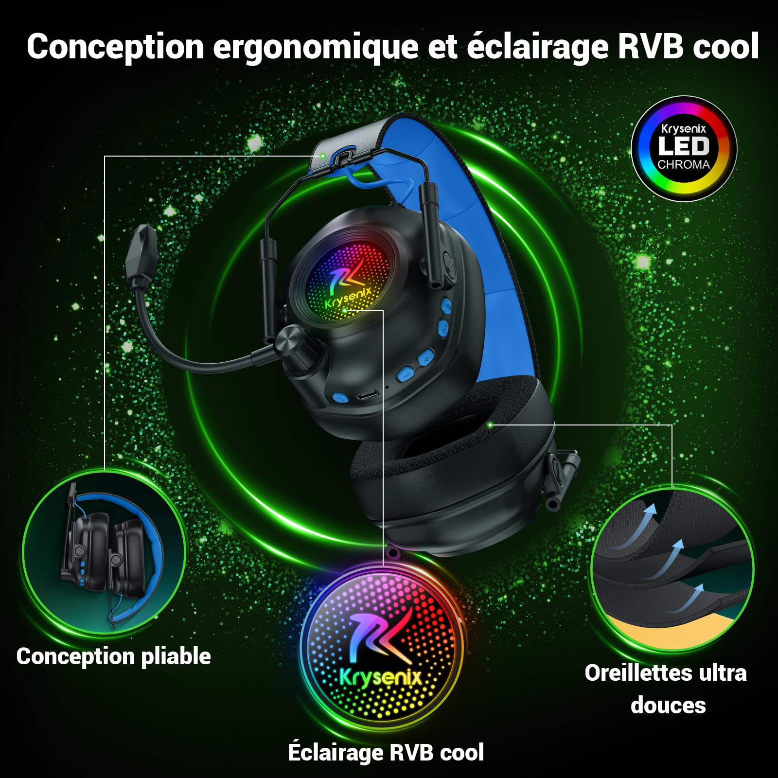Krysenix KGH2 Casque Gaming sans Fil, 2,4 GHz Casque Gaming pour PS4, PS5, PC, Mac, Switch, Casque Bluetooth avec Microphone, Réduction du Bruit, éclairage LED, Noir Bleu
