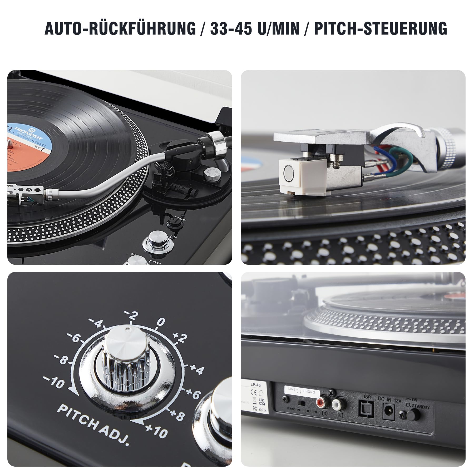 Hi-Fi Riemenantrieb Plattenspieler mit Premium-Tonabnehmer, Pitch-Control ±10%, Auto-Return Tonarm, 33/45 RPM Vinyl Player, Hochglanz Schwarz