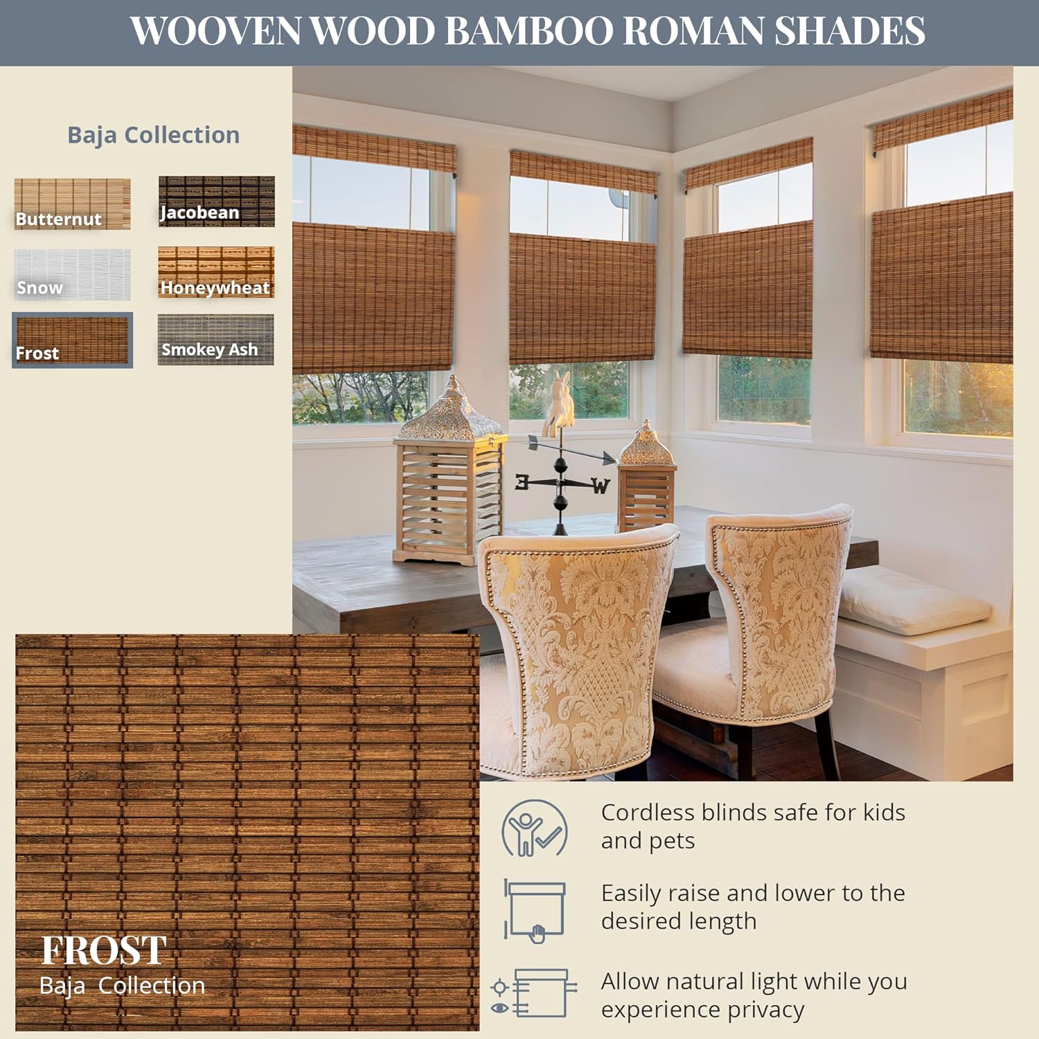 CHICOLOGY Top Down Bottom Up Cordless Bamboo Blinds, Roman Window Shade, Shade Roman, Patio Blinds and Shades, Porch Shades Outdoor Roll Up, Frost, 33'' W X 64'' H, BRS.TDBU-P2-FT-33X64