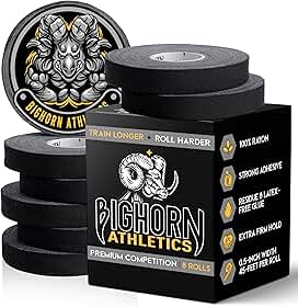 Bighorn Athletics Fita de dedo de Jiu-Jitsu de competição premium, 8 rolos, material 50% mais forte, livre de resíduos (0,5 polegadas, preto)