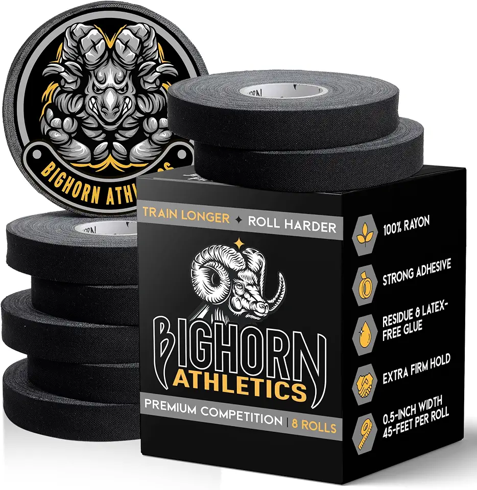 Bighorn Athletics Fita de dedo de Jiu-Jitsu de competição premium, 8 rolos, material 50% mais forte, livre de resíduos (0,5 polegadas, preto)
