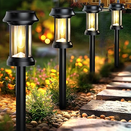 Solar Pathway Lights, 8 Pack Glass Solar Lights Outdoor, Solar Stake Lights Landscape Lighting for Outside Path Walkway Driveway Sidewalk Lawn Yard Garden Decor