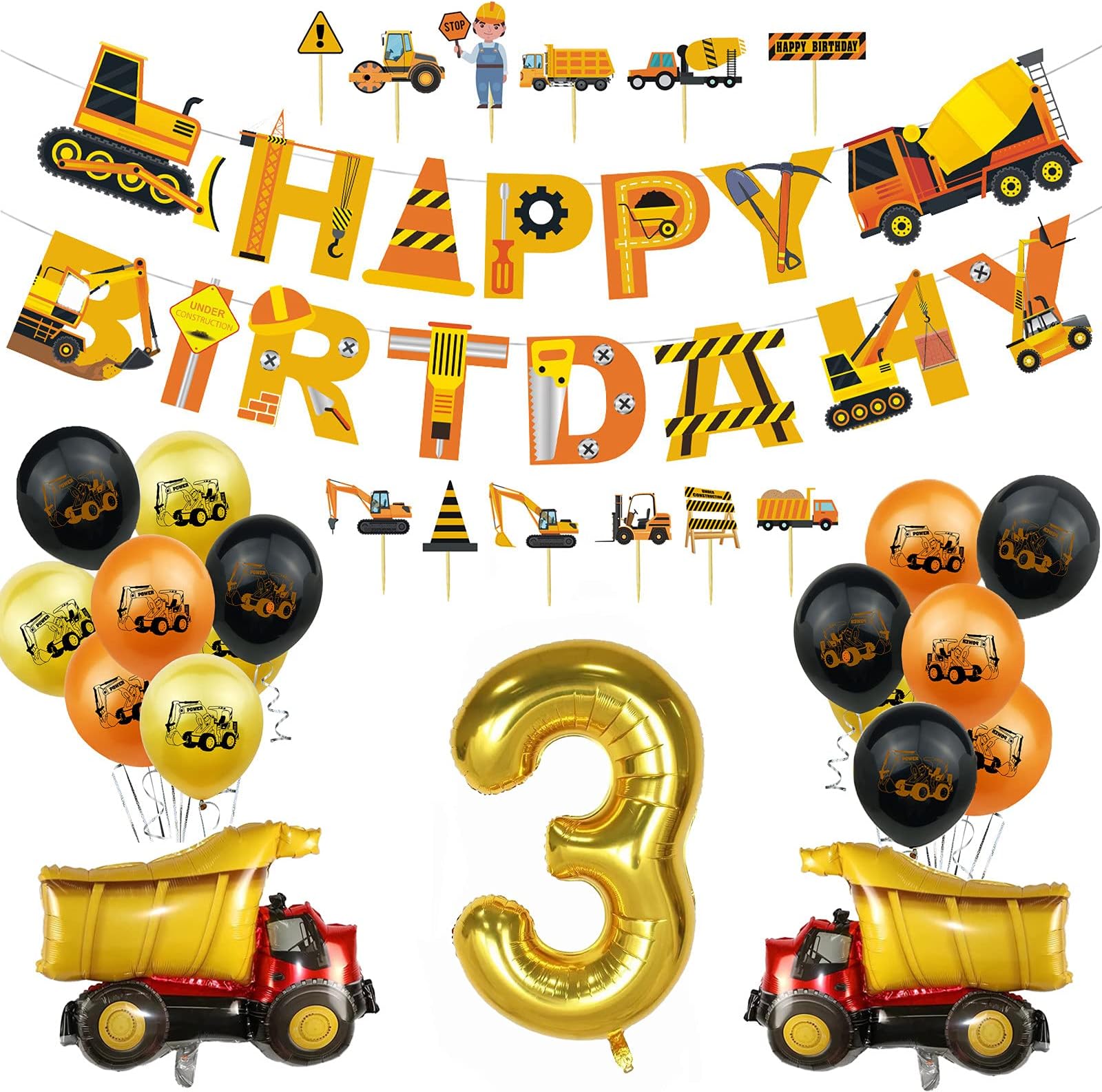 Construction Birthday Party Decorations for Kids,Dump Truck Party Supplies Pre-strung Banners,Dump Truck Balloons,40 Inch Giant Gold Number Balloons for Birthday Party Decorations (3)