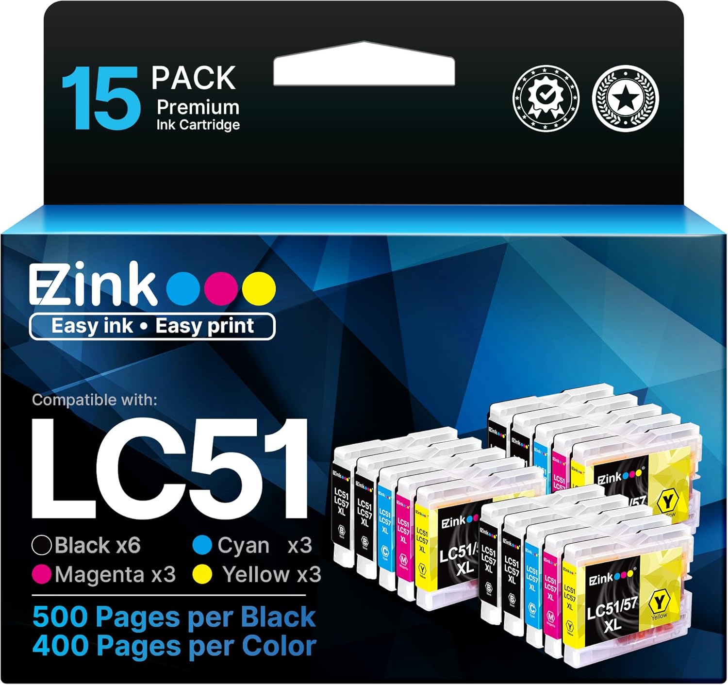 E-Z Ink Compatible Ink Cartridge Replacement for Brother LC51 LC-51 LC51BK LC51C LC51M LC51Y Compatible with MFC-440CN MFC-465CN MFC-665CW Printer (6 Black, 3 Cyan, 3 Magenta, 3 Yellow) 15 Pack