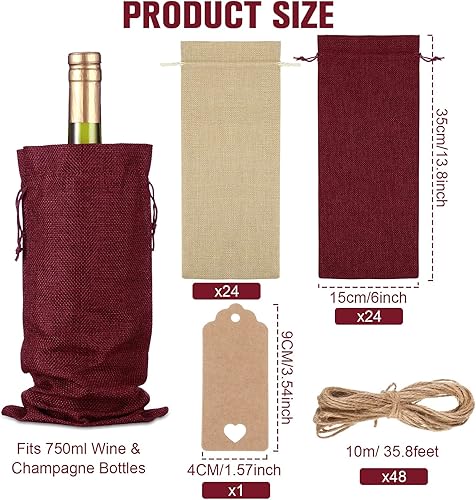 Miniatura 2 de 48 bolsas de vino de arpillera a granel para botellas, botellas de regalo con fundas de cordón para Navidad, bodas, cumpleaños, viajes, catas a