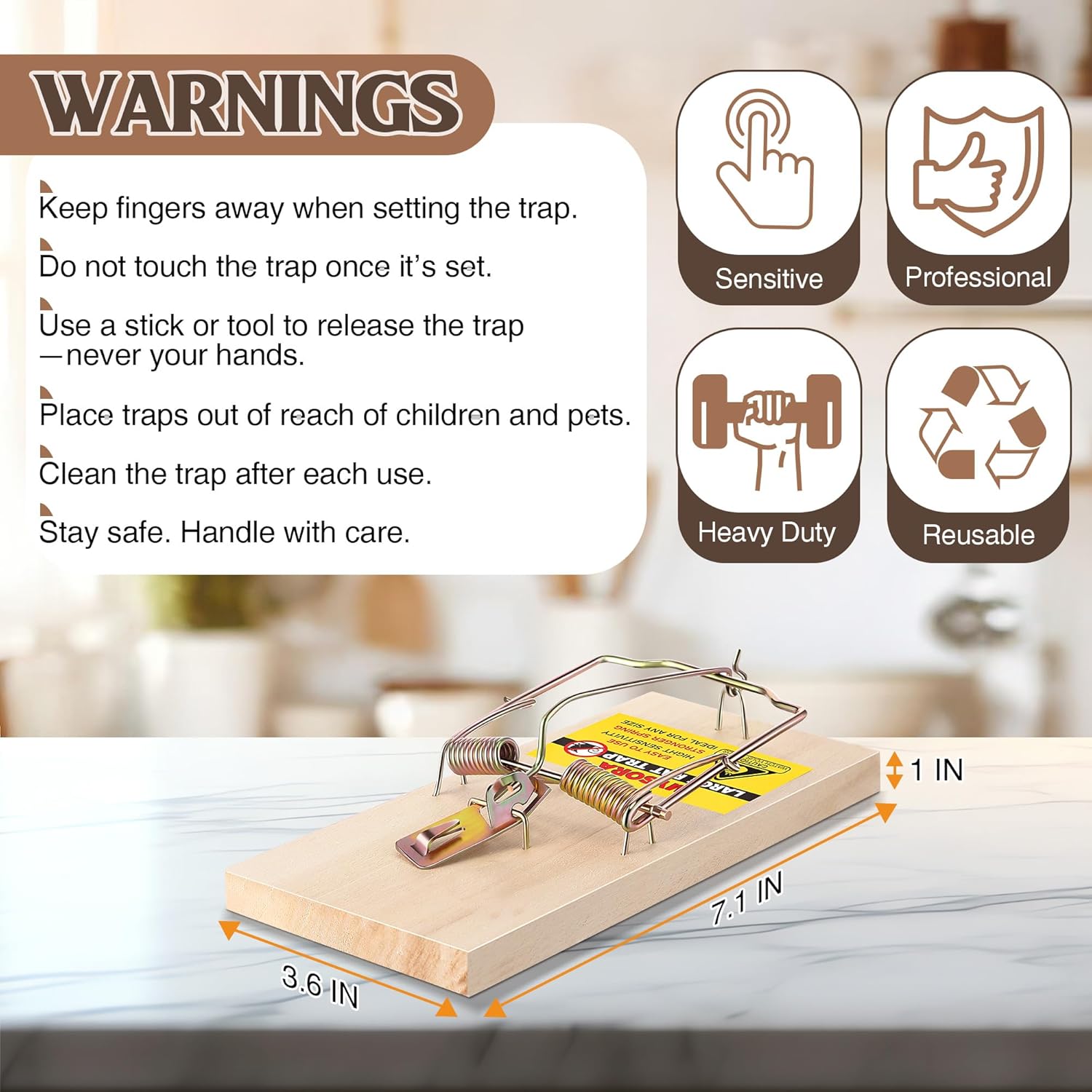 12 Pack Large Wooden Mouse Traps, Heavy Duty Rat Snap Traps with Metal Pedal, Sturdy Reusable Mousetraps for Fast Capture of Large Rats & Rodents, Safe for Indoor & Outdoor Use