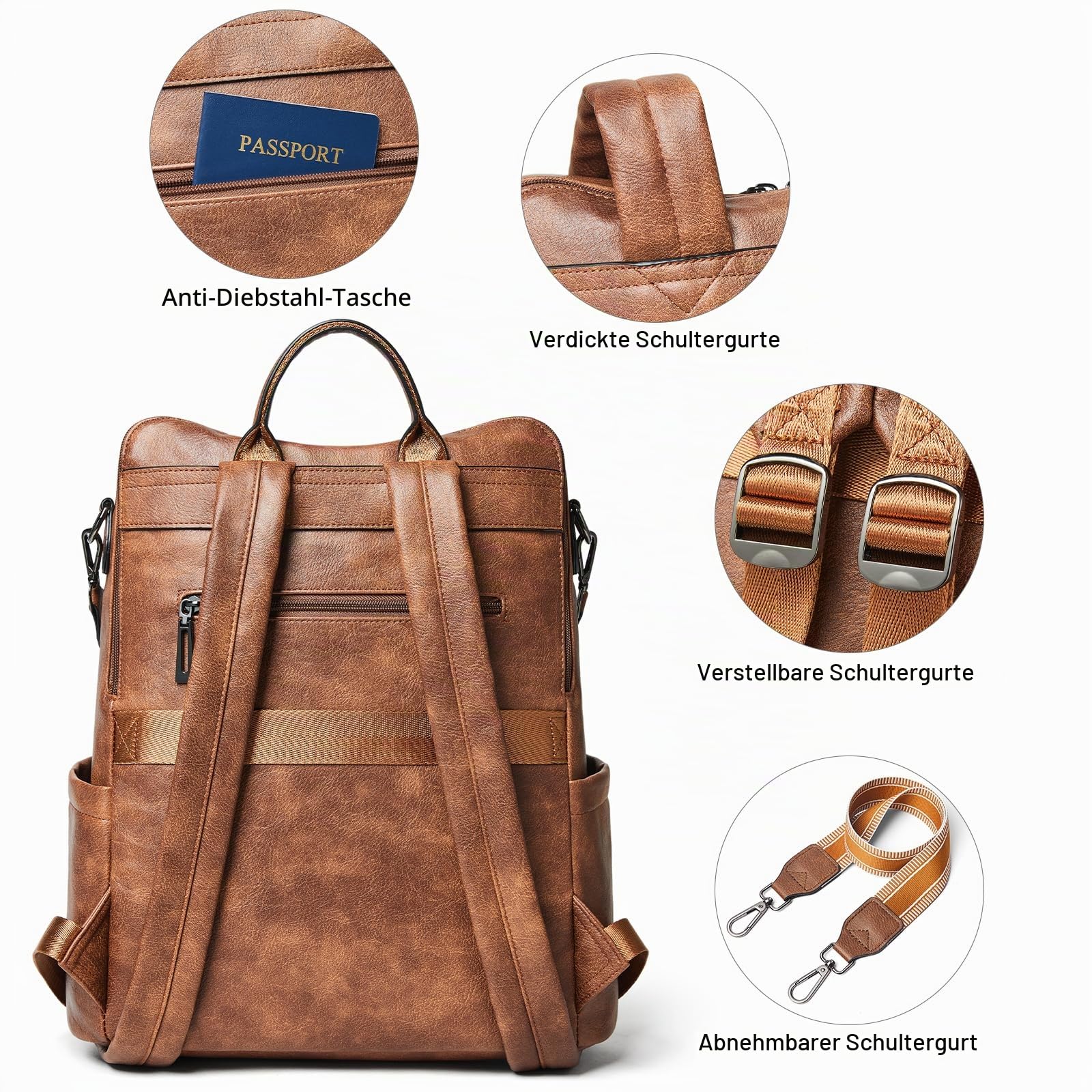 Shrrie 15,6 Zoll Laptop-Rucksack für Damen – Großer Reiserucksack aus Leder, wasserabweisend, für Freizeit, Uni, Arbeit, Handgepäck-Zweifarbiges Braun