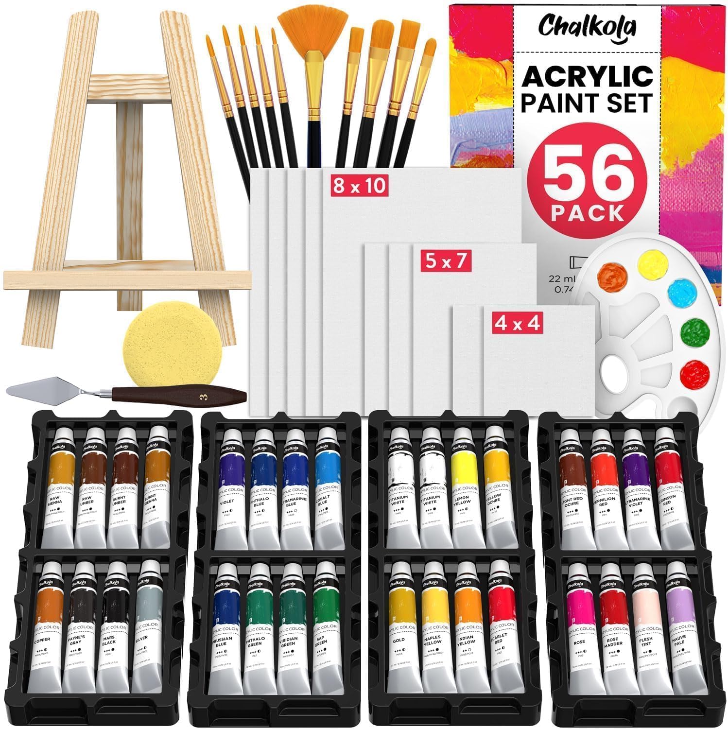 Chalkola Acrylic Paint Set for Adults & Kids - 56 Pcs Canvas Painting Kit with 32 Paints (22ml), 10 Brushes, 10 Canvases, Tabletop Easel, Palette - Professional Craft & Art Painting SuppliesChalkola Acrylic Paint Set for Adults & Kids - 56 Pcs…