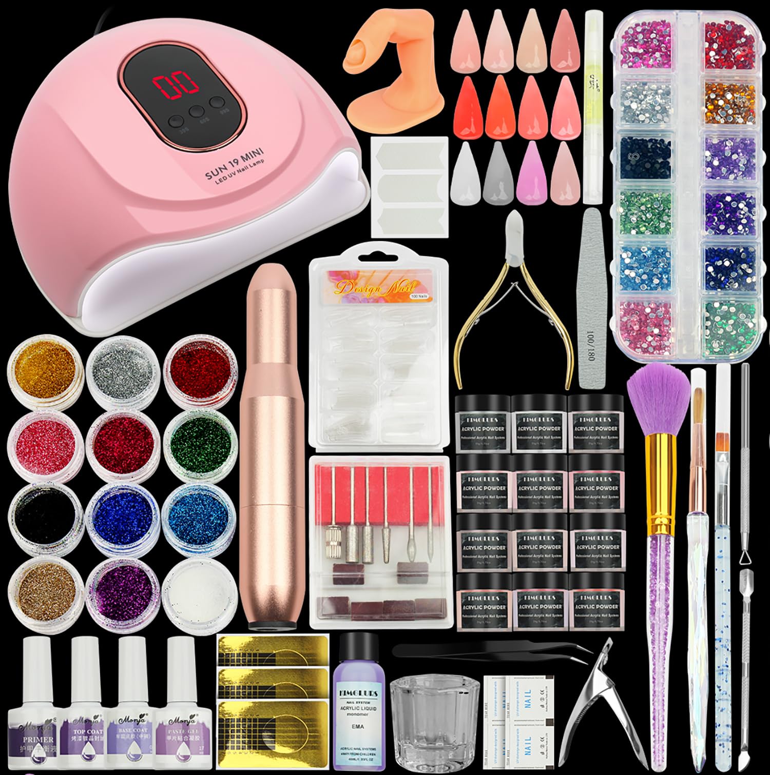 Acryl-Nagel-Set mit Nagelbohrgerät, 12 Farben Acrylpulver, Acrylic Powder Kit Acrylflüssigkeit UV/LED-Nagellampe, Top Coat, Base Coat, Nagelprimer (Rot)
