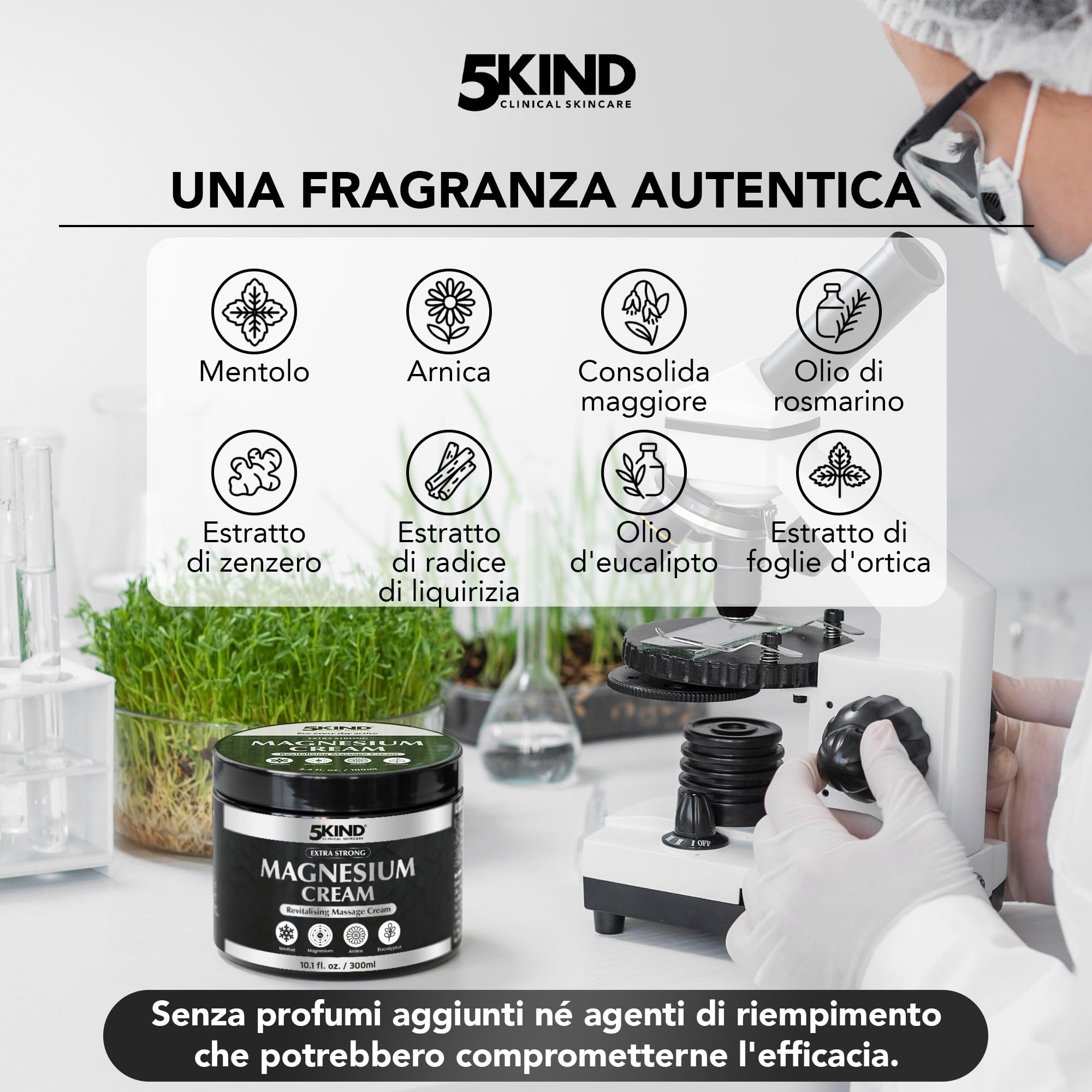 5Kind Crema al Magnesio Extra Forte 300ml - Crema al Magnesio per Muscoli, Articolazioni, Schiena, Ginocchia, Collo, Spalle - Arricchita con Arnica, Eucalipto, Consolida, Mentolo e Olio di Canapa