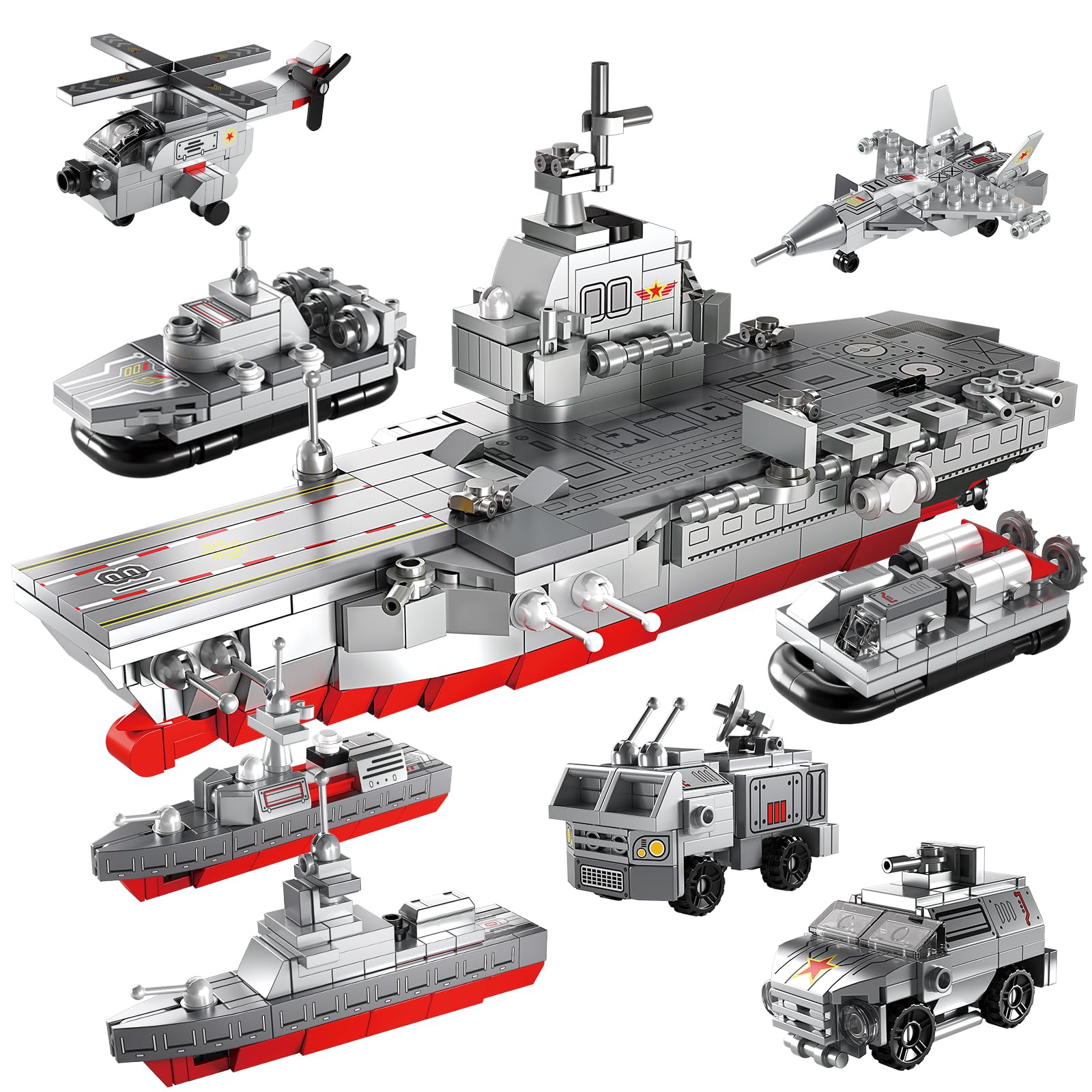Photo 1 of 8-in-1 Military Battleship Building Blocks Set for Boys – Aircraft Carrier Model Kit Ocean Ship Building Sets Helicopter Planes Trucks Tank Army Men Toys Christmas Great Gift for Kids Ages 8+, 573Pcs
