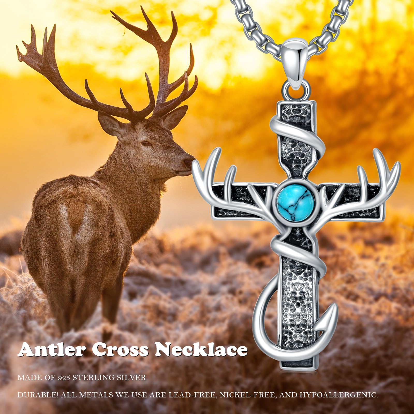 Collana con croce da caccia in argento Sterling 925 con ciondolo a forma di corna di corna da pesce, collana con gancio da pesca, gioielli da caccia, regali per uomini, cacciatori e papà
