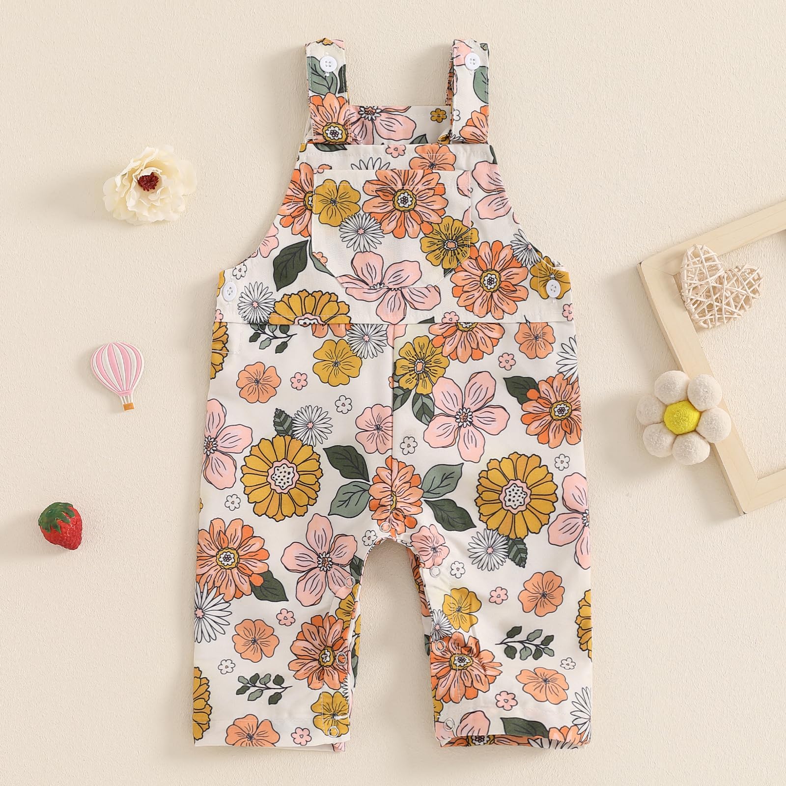 Toddler Baby Girl Fall Winter Clothes Floral Suspender Pants Sleeveless Front Packet Bib Overall Jumpsuit Romper (A-Apricot, 3-6 Months)