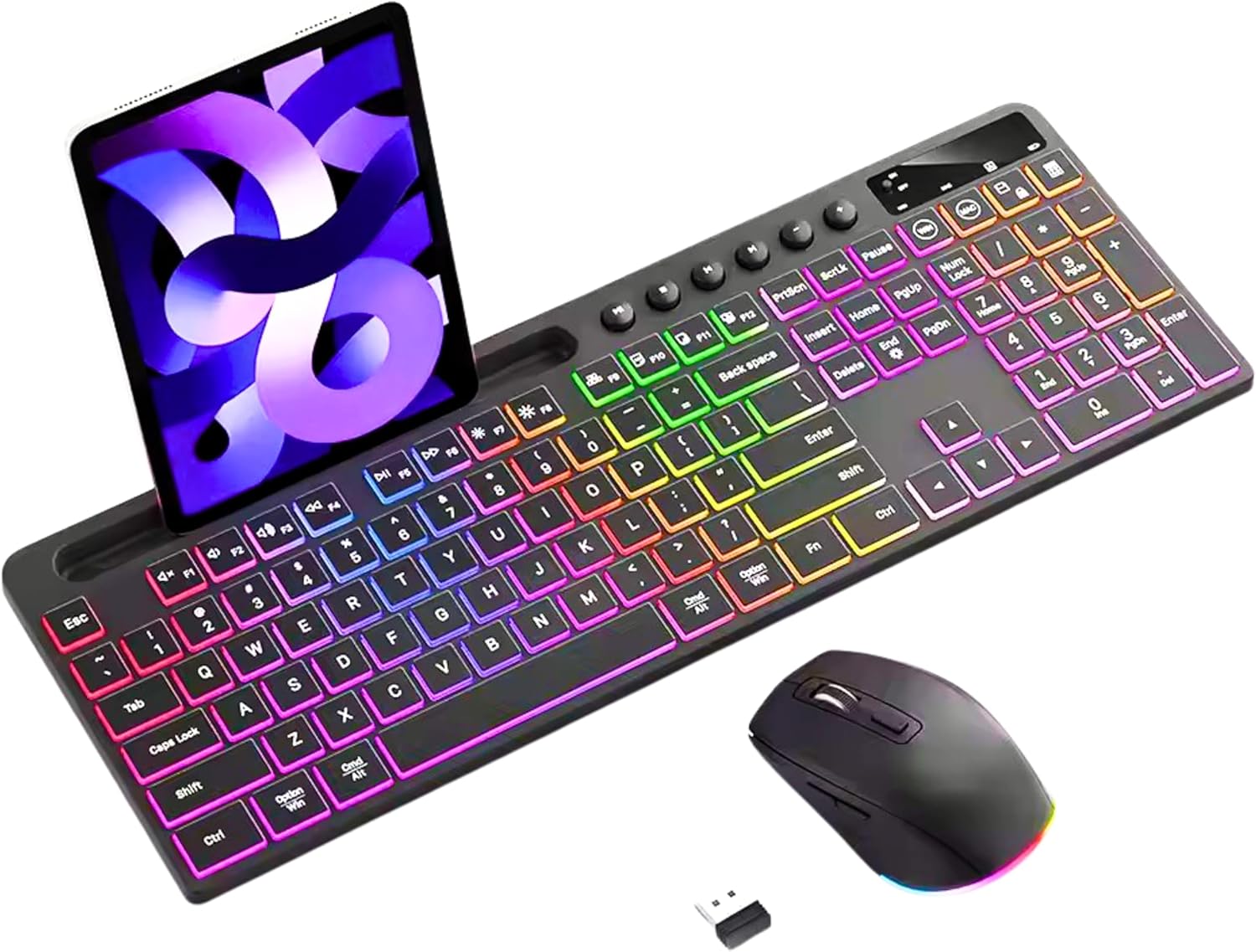 Wireless Keyboard and Mouse Combo, Rechargeable RGB Backlit 114-Key Full Size, 2.4G Silent Ergonomic for Office, Gaming, Home, Includes Phone Tablet Holder