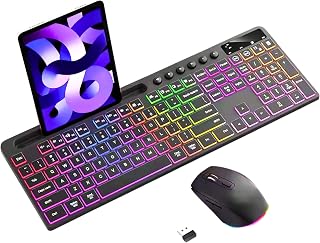 Wireless Keyboard and Mouse Combo, 2.4Ghz Rechargeable, 114-Key Full Size Keyboard with RGB Backlight, Phone Tablet Holde... Price In India