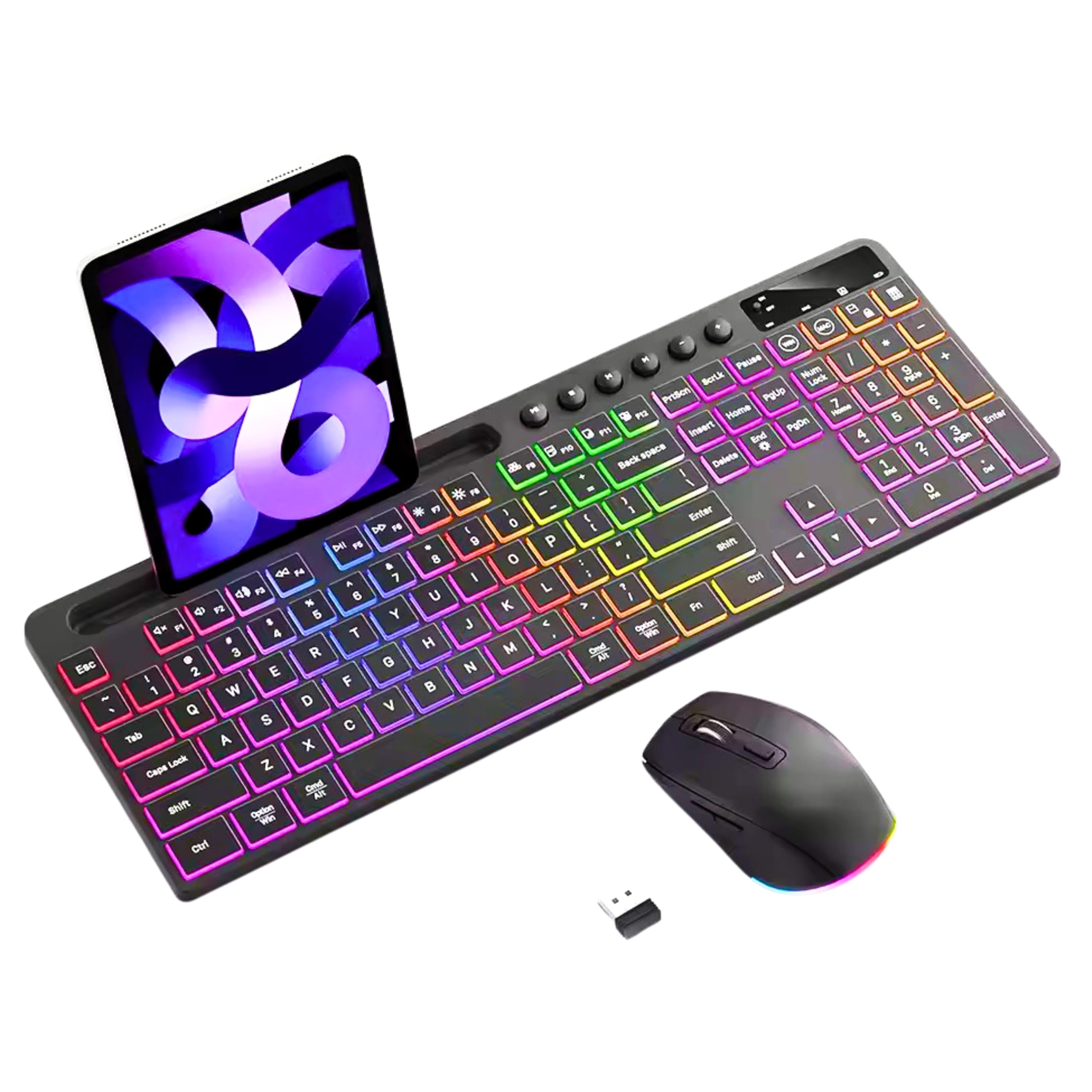 Wireless Keyboard and Mouse Combo 2.4Ghz, RGB Backlit Rechargeable 114 Key Keyboard Mouse with Phone Tablet Holder, Full-Size Quiet Silent Ergonomic Keyboard & Mouse Set for Gaming Home Office-image-23