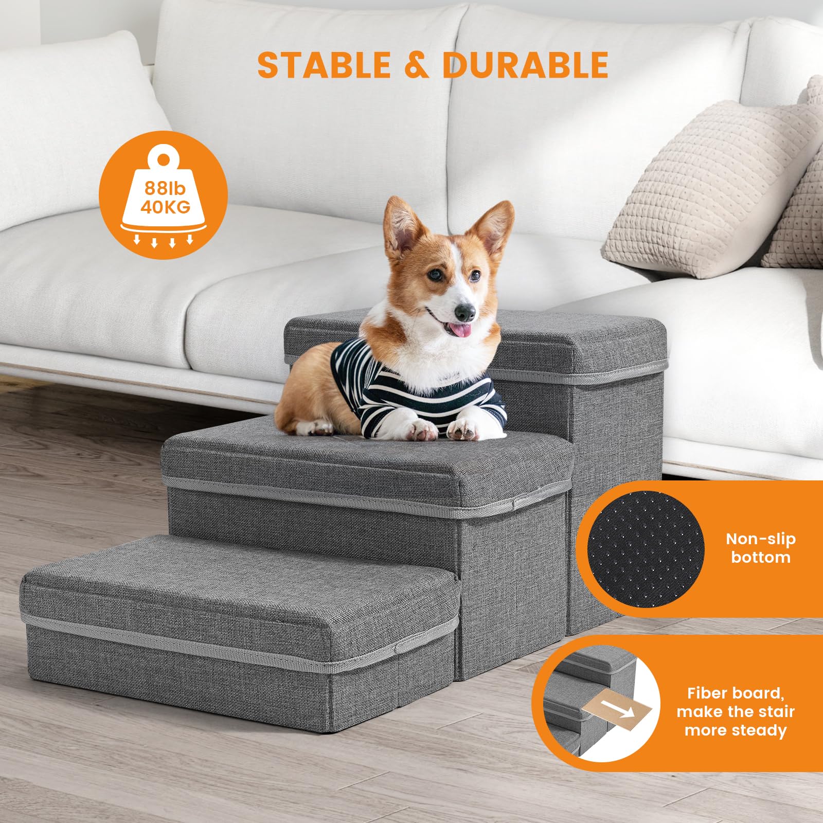 Escalier pour Chien, Sunowl Pliable Escalier Chien en 3 Marches, Extra Larges Rampe pour Chien avec Rangement, Surface Antidérapante, Aide l'animal à Monter Facilement, Escalier pour Chien et Chats