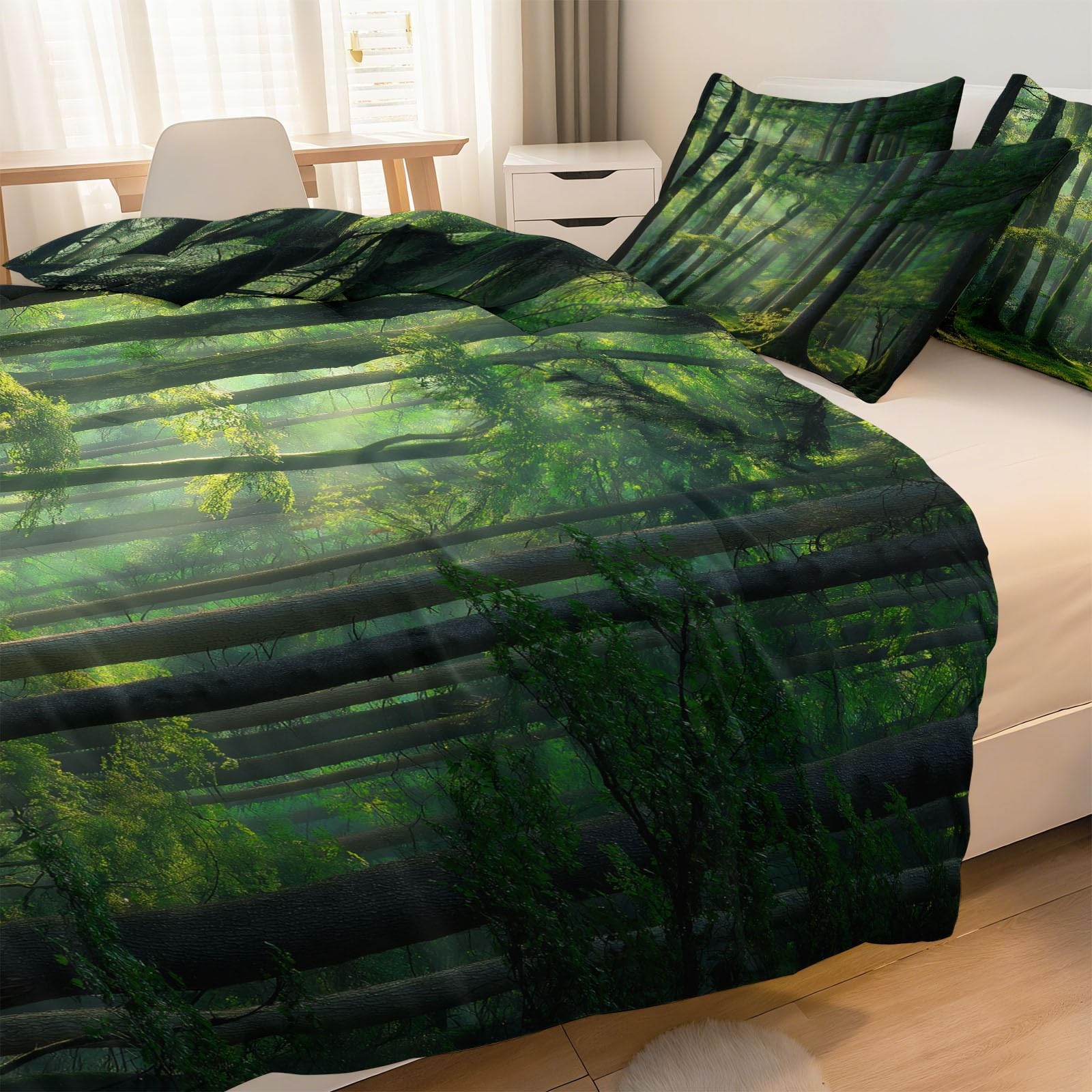 Pościel 155 x 220 cm, 3-częściowa, zielona, miękka mikrofibra renforcé, dwustronny komplet pościeli, 1 poszwa na kołdrę z zamkiem błyskawicznym i 2 poszewki na poduszkę 80 x 80 cm