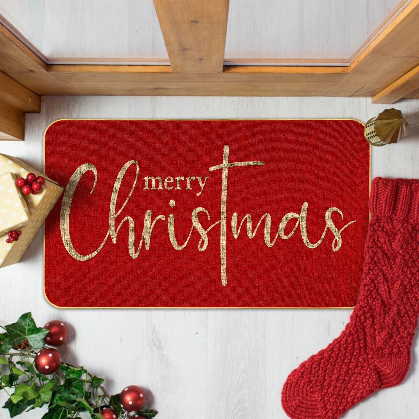 Red Merry Christmas Welcome Decorative Doormat, Seasonal Winter Low-Profile Floor Rug for Indoor Outdoor 17x29 Inch
