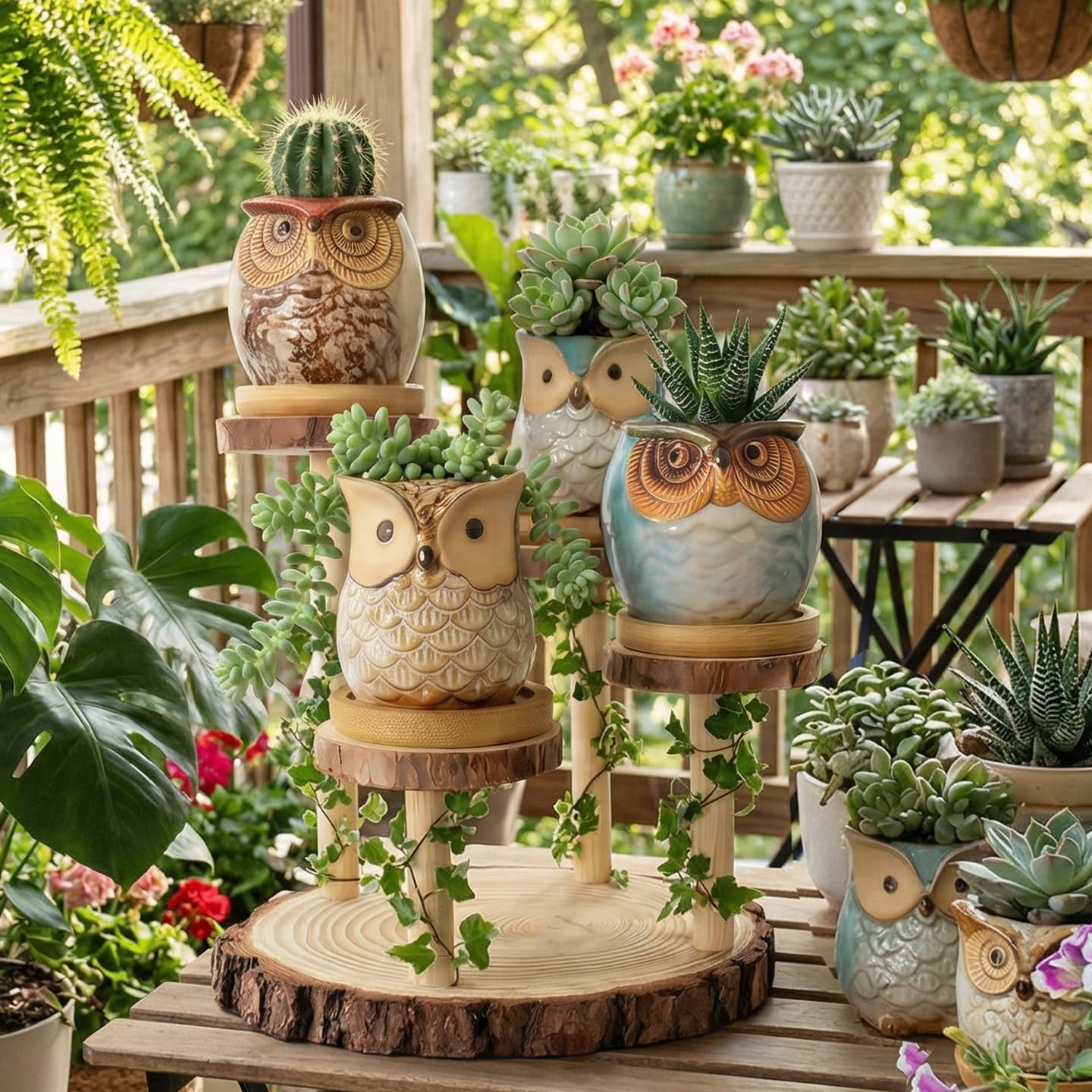 2.5"mini ceramic Cute Owl Animal Succulent Flower Pot Outdoor Bamboo Wooden Small Planter Stand Gift Set for Home,Office,Living Room,Bedroom Decoration,Windowsill,Indoor Desk,Kitchen Decor (4 Tier)
