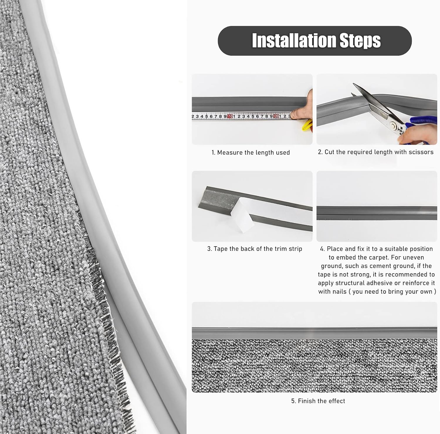 Door Strip Threshold Transition Strip Flexible PVC Carpet Edge Trim Strip, Rug Edge Guard Strip, for Threshold Height Less Than 10mm, Floor Mat Edge Protector
