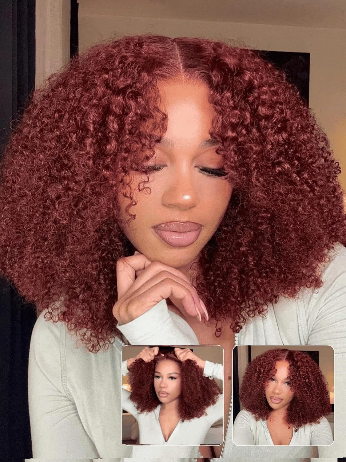 Julia Hair Burmese Curly Human Hair Glueless Drawstring Wig 180% Density Reddish Brown Afro Kinky Curly, Fluffy Layer Finger Coil Ends 7X5 Bye Bye Knots HD Lace Front Wigs No Slip Ready to Wear 18Inch