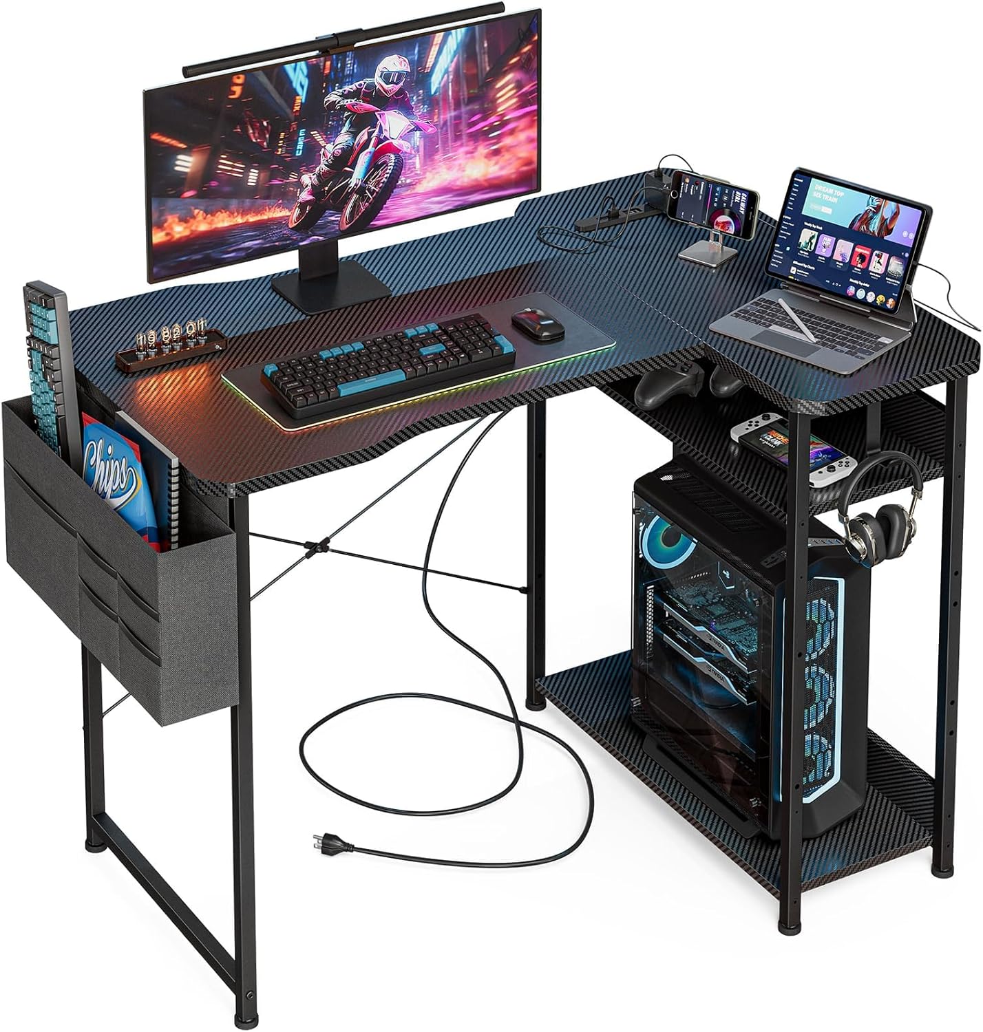 ゲーミングデスク カーボン調 コンセント