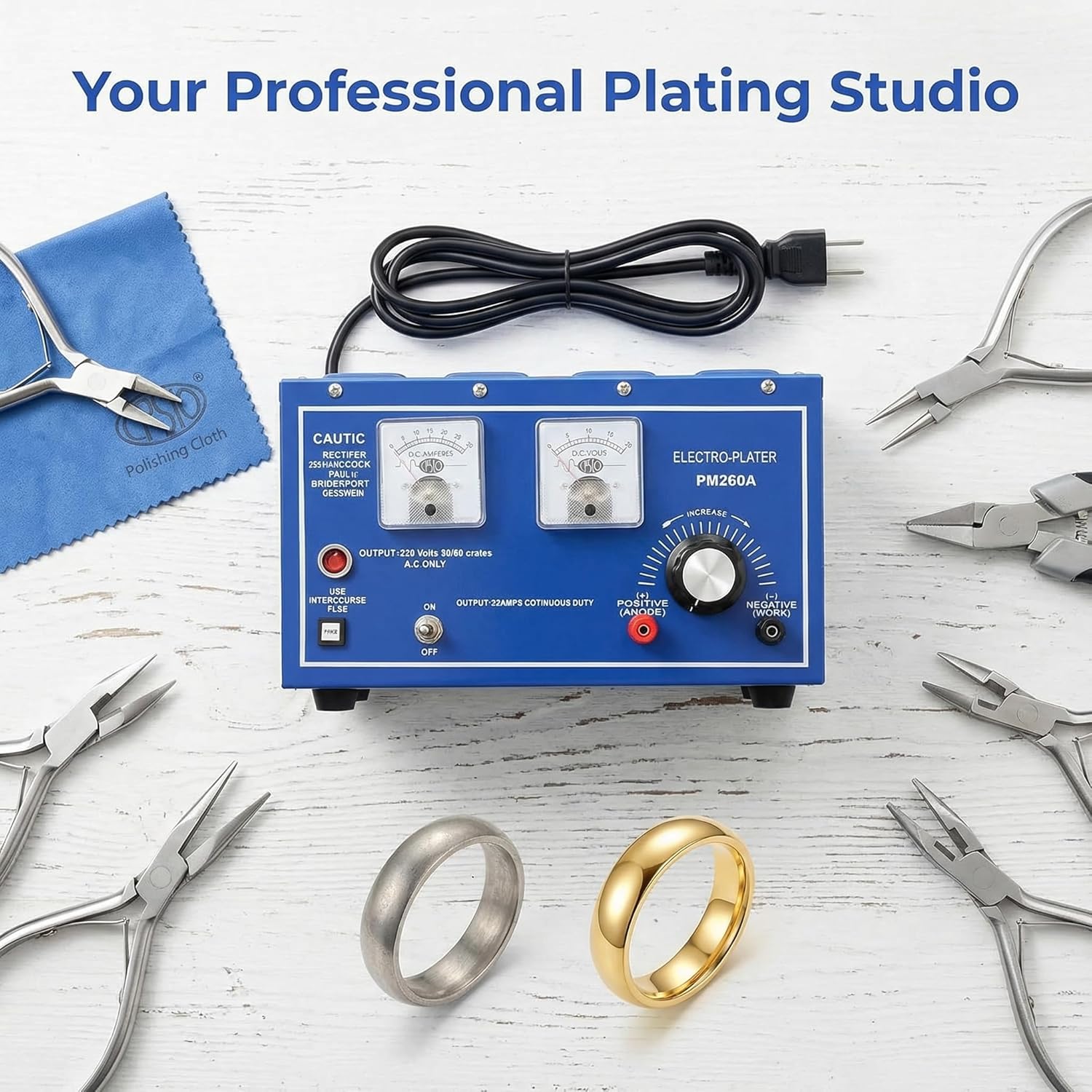 Gold and Silver Electroplating Machine Kit – Jewelry Plating Tools with Rectifier for Gold Plating, Rhodium Plating, and Jewelry Electroplating – 110V Gold Plating Machine