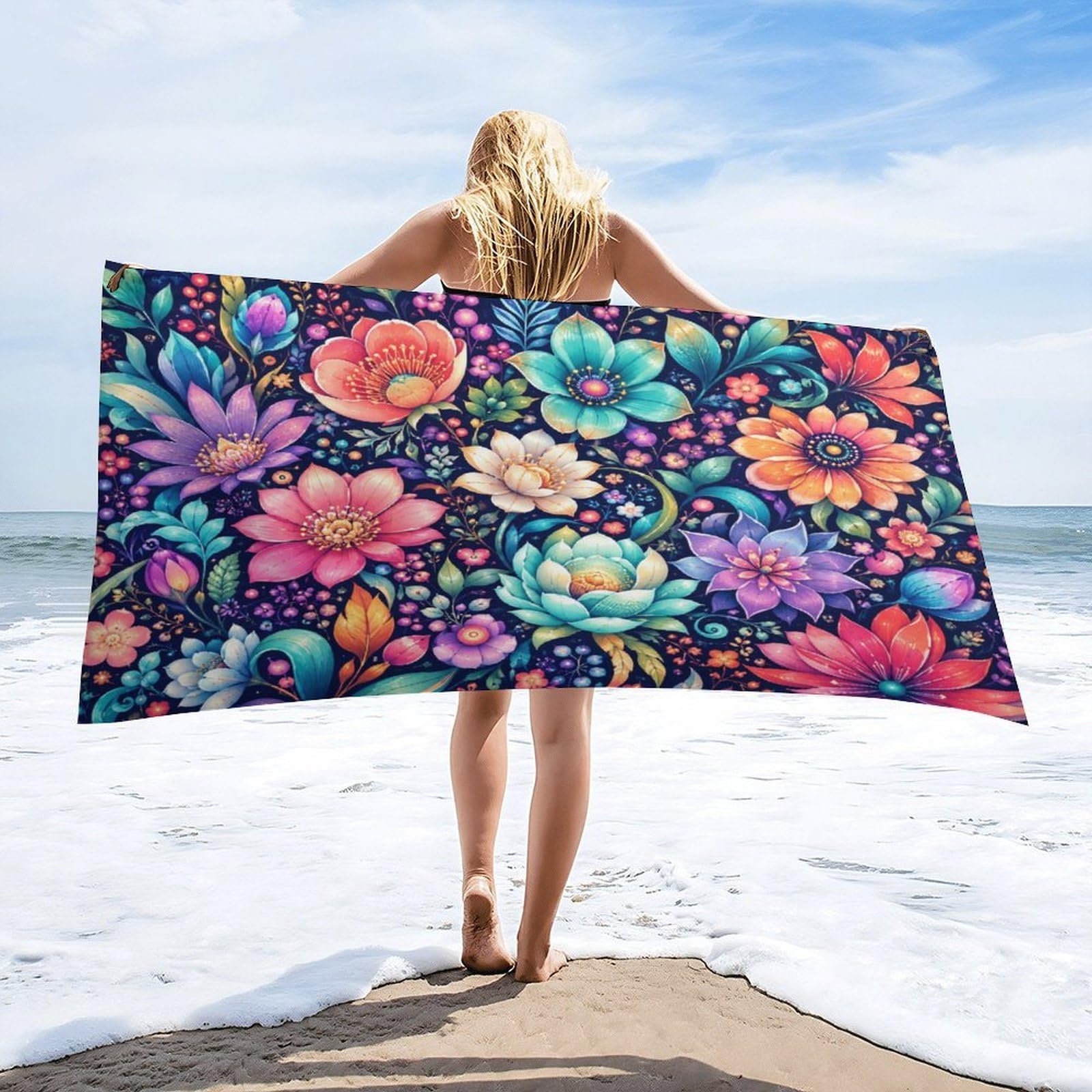 Anceky Colorful Floral Beach Towel 32"×63",Soft Microfiber Bath Towel Shawl, Quick Dry Absorbent Pool Spa Gym Shower Towel