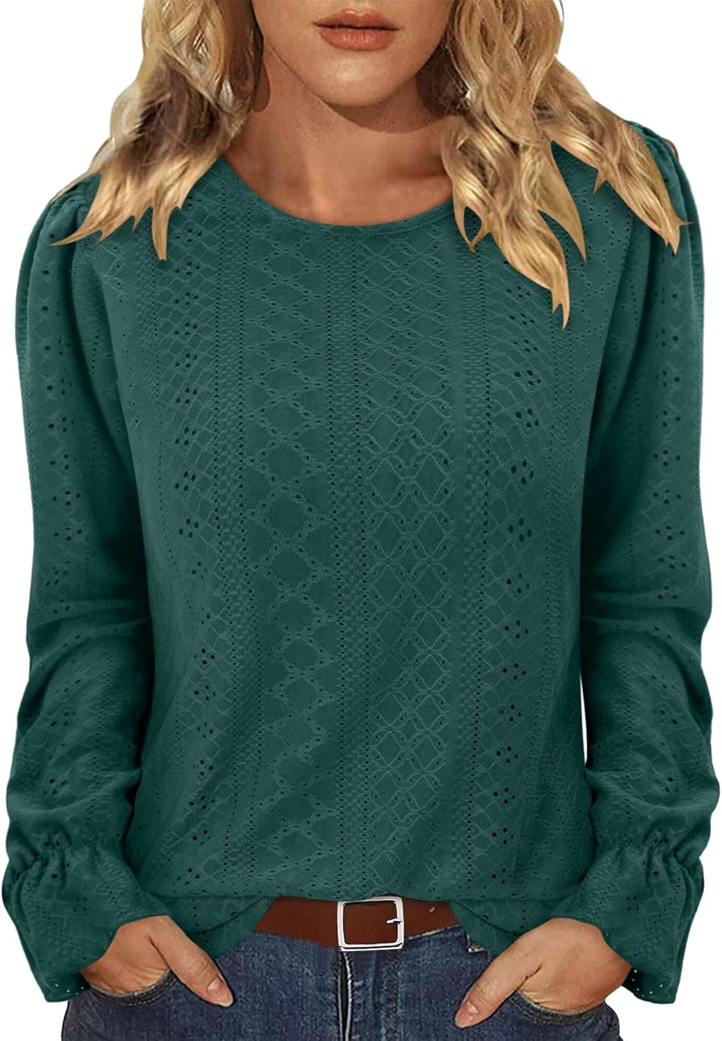 KISSMODA Women Eyelet Tops Long Sleeve Casual Office Blouse 2025 Ladies Trendy Autumn Fashion (S-3XL) - Image 4