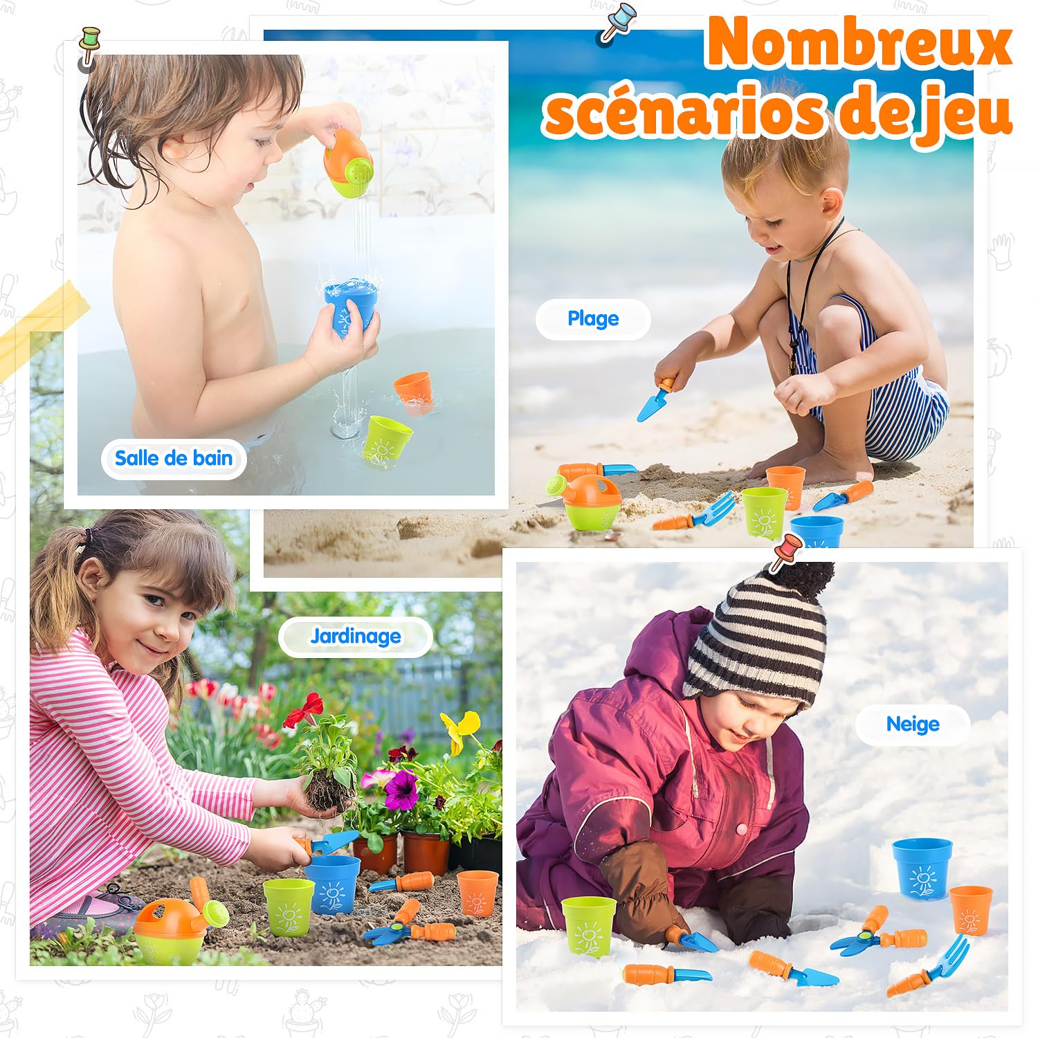 Play Ensemble d'outils de Jardinage pour Enfants avec Pelle, Fourche, Ciseaux, Pot de Fleurs, arrosoir, étiquette et boîte de Rangement, kit de Jardinage pour Enfants à partir de 3 Ans