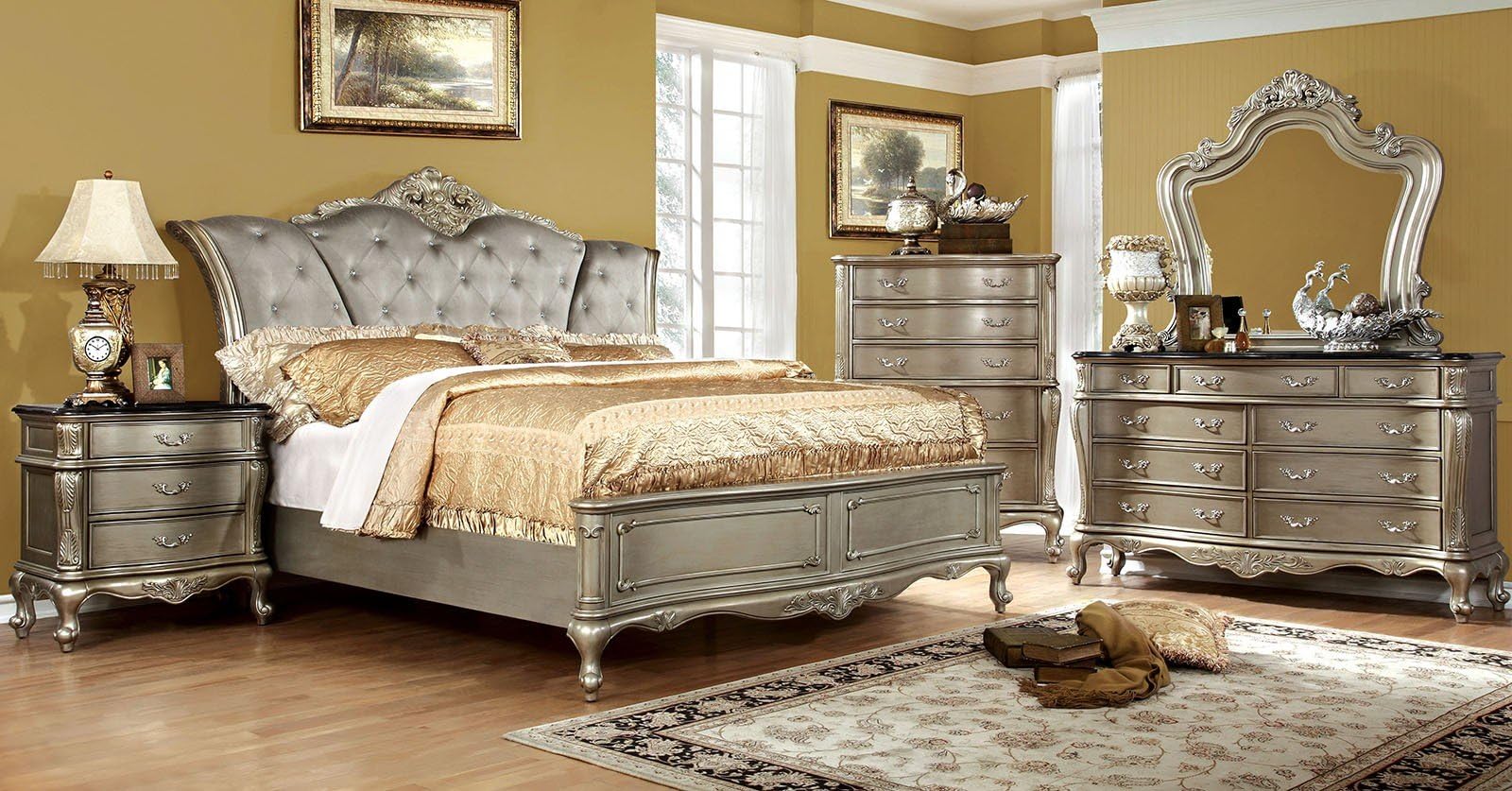 Johara Collection Luxurious Design Traditional Formal Bedroom Furniture 4pc Set Gold Finish Tufted Queen Size Bed Dresser Mirror Nightstand Antique