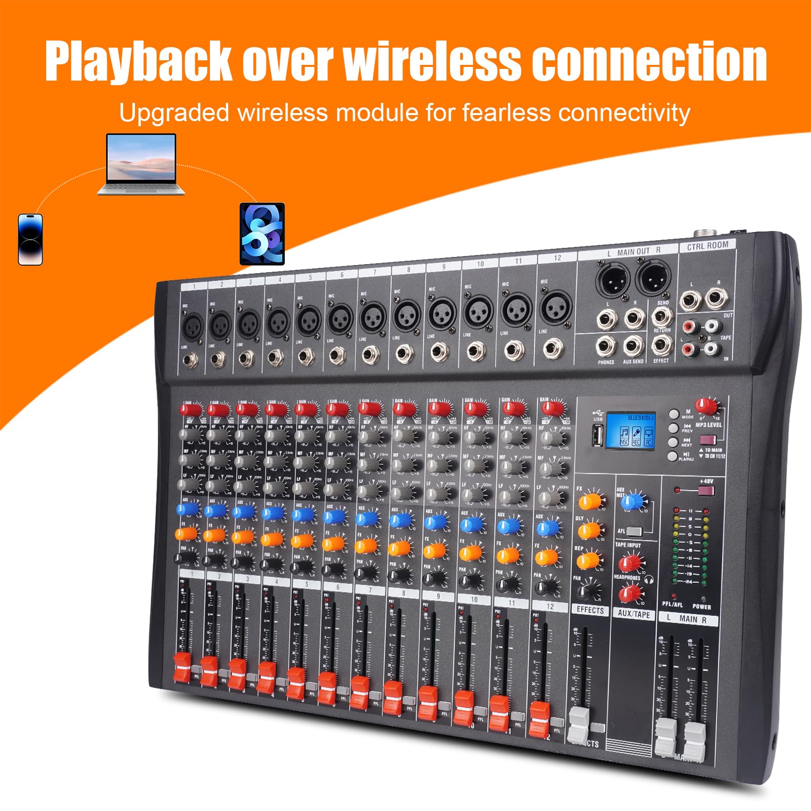 GX12 - Console professionale per scheda audio a 12 canali, interfaccia mixer digitale USB Bluetooth per computer, ingresso MP3, alimentazione phantom, mixer stereo DJ per eventi live, karaoke