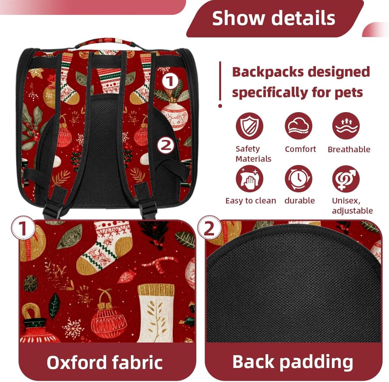Portable Travel pet Backpack Carrier Hamster Bag Small Dog cat Carrier Breathable Hang Bag, Christmas Ho Red Pattern (1)