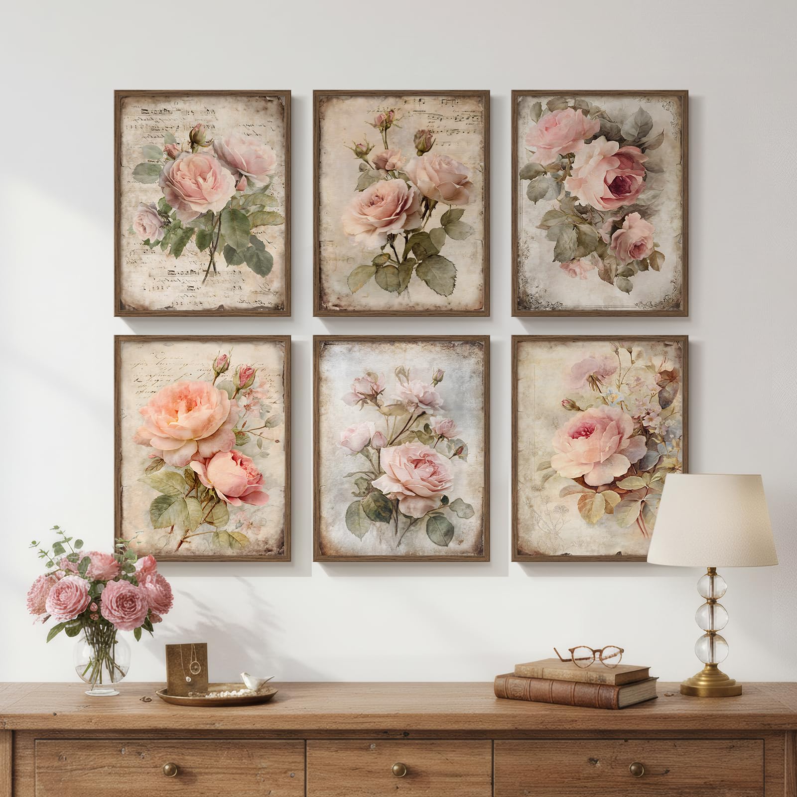 Framed Boho Floral Wall Art Set of 6 Vintage Botanical Flower Canvas Painting Prints Artwork for Rustic Farmhouse