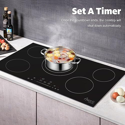Miniatura 7 de Awoco Placa de cocina de cerámica de 36 pulgadas, estufa eléctrica de 9100 W con 5 quemadores con cable duro, temporizador digital de 9 niveles de