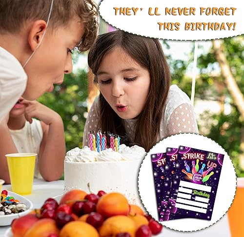 Miniatura 5 de Tarjetas de invitación de cumpleaños con temática de bolos de 4 x 6 pulgadas con sobres, Let's Strick Up, celebración de cumpleaños de niños y