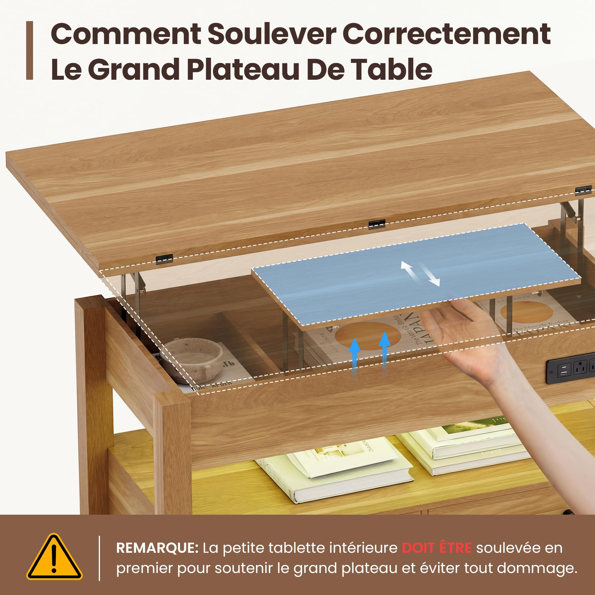 MALOL Table Basse Relevable Intelligente pour Salon, 4 en 1 Multifonction Moderne avec Tiroirs De Rangement, Table Basse en Bois Style Ferme, Naturel