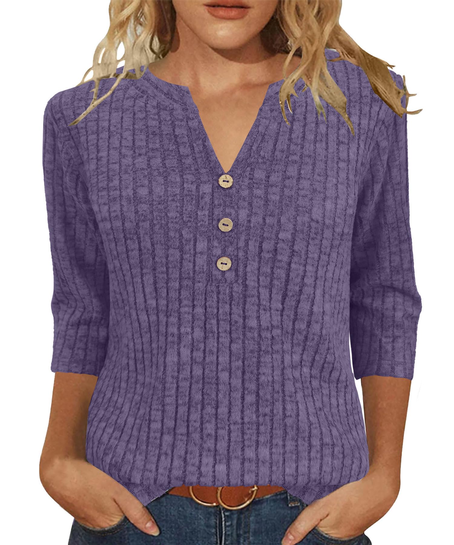 JomeDesign Sweaters for Women 3 4 Sleeve V Neck Shirts Dressy Casual Blouses Loose Fit Tunic Tops
