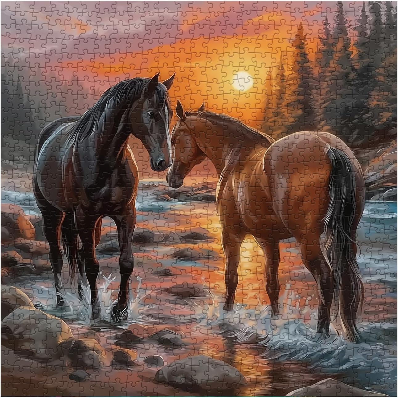 Art Sunset Horse Puzzles for Adults 1000 Pieces, Aesthetic Colorful Animal Landscape Jigsaw Puzzles, Hard Challenging Forest River Mustang Painting Puzzle image 2
