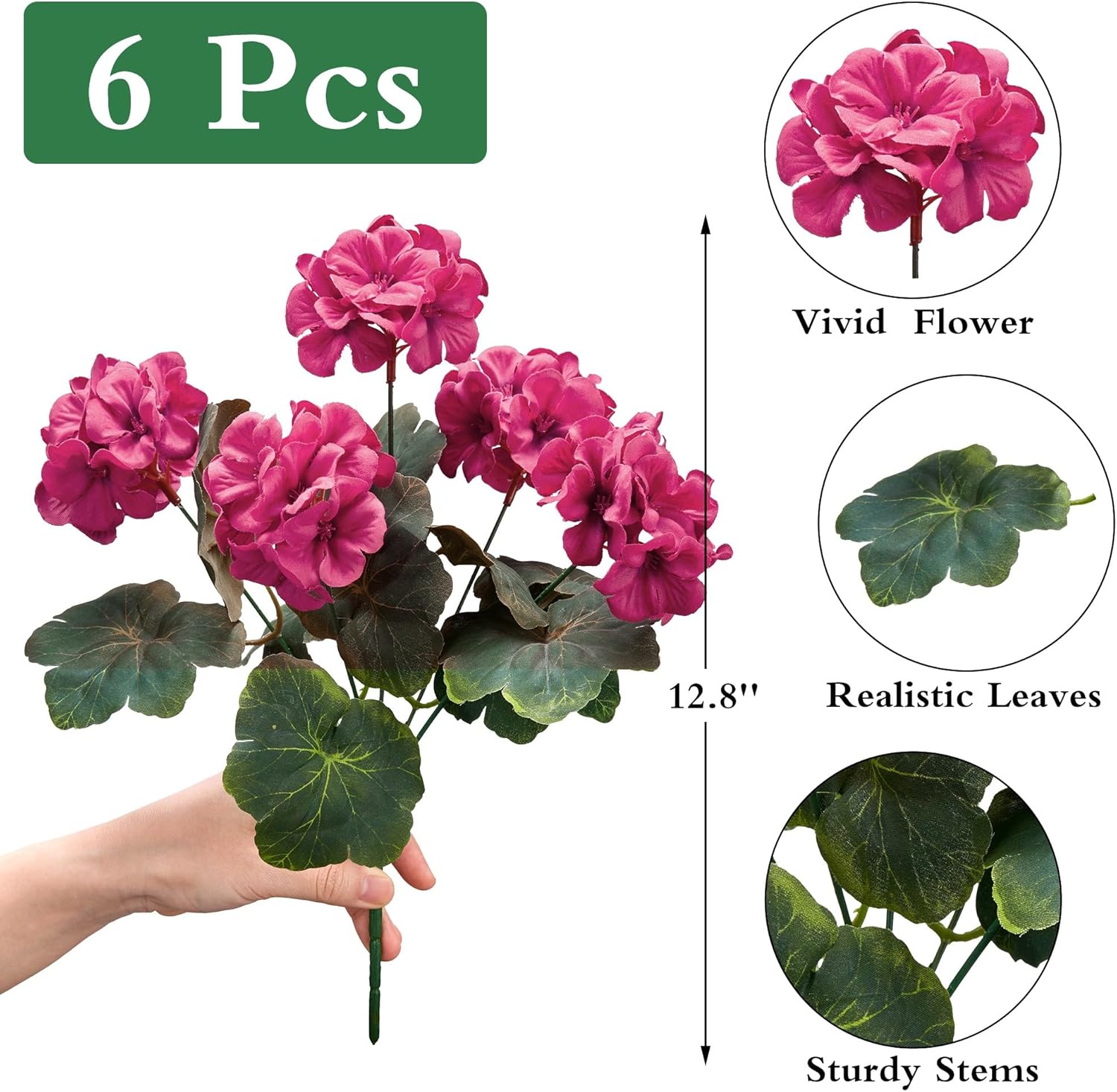 Artificial Geranium Flowers for Outdoors: 6 PCS Realistic UV Resistant Faux Red Geranium Silk Flowers for Outdoor Planters Fade Proof Garden Fake Flowers Decor for Outside Porch - Rose Red