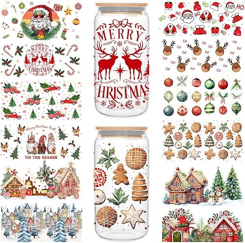 Envoltura de copa de Navidad UV DTF Árbol de Navidad de pan de jengibre de Papá Noel impreso 16oz Libbey Glass Cup Wrap, listo para aplicar,