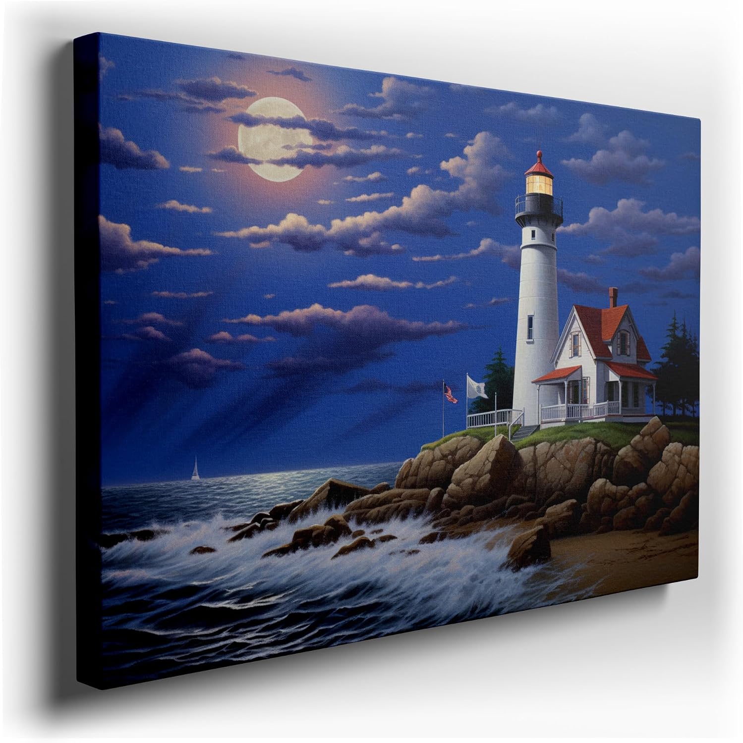 Canvas for Living room. Guiding Light Amidst the Serene Nocturnal Seascape, 27 x 18 inch Canvas Wall Art - Contemporary Masterpieces - Modern Home Decor