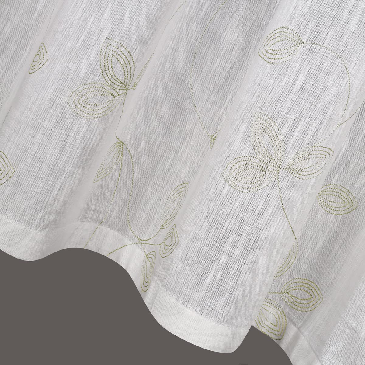 SCHÖNER LEBEN. Rideau brise-bise bio en coton bio avec broderie feuilletée - Structure en lin - Blanc laineux - Vert - 150 x 50 cm