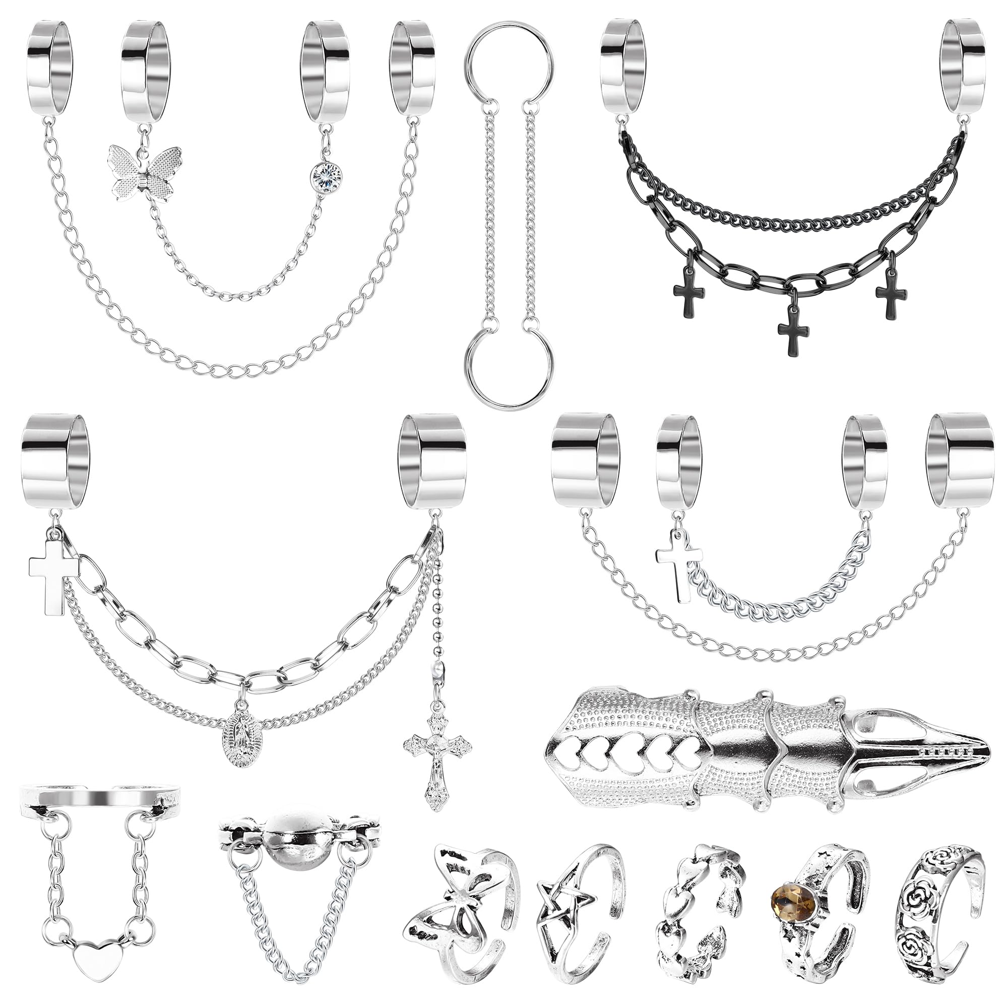 Ubjuliwa 15pcs Chain Finger Rings Adjustable Gothic Rings Set Egirl Eboy Rings Emo Punk Rings Women Aesthetic Goth Rings with Chains Stackable Statement Ring