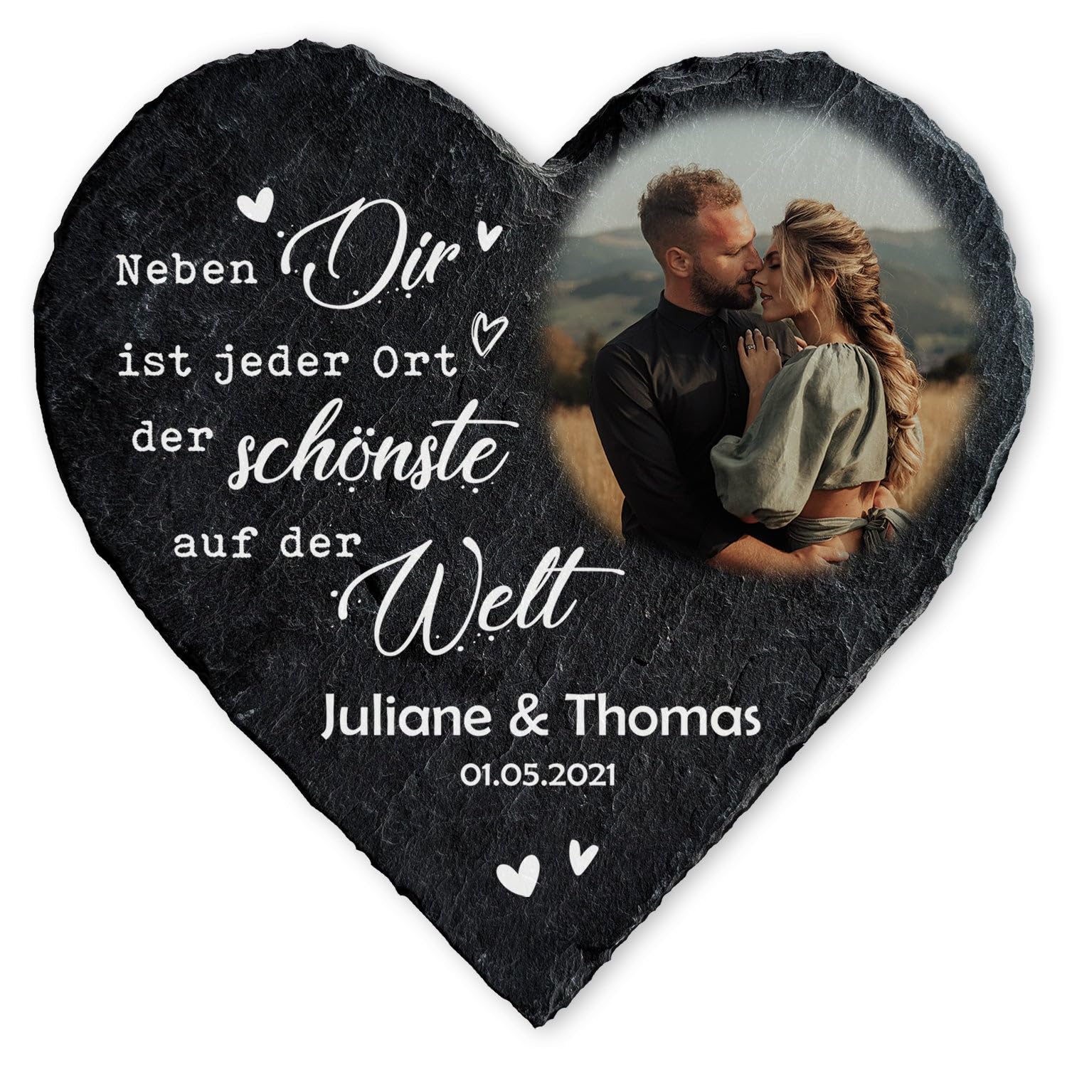 GRAVURZEILE Bedrucktes Schieferherz - Paarfoto - Personalisiert mit Name, Foto & Datum - Individuell bedruckt - 20 x 20 cm - Geschenk für Paare zum Valentinstag, Jahrestag oder Hochzeit