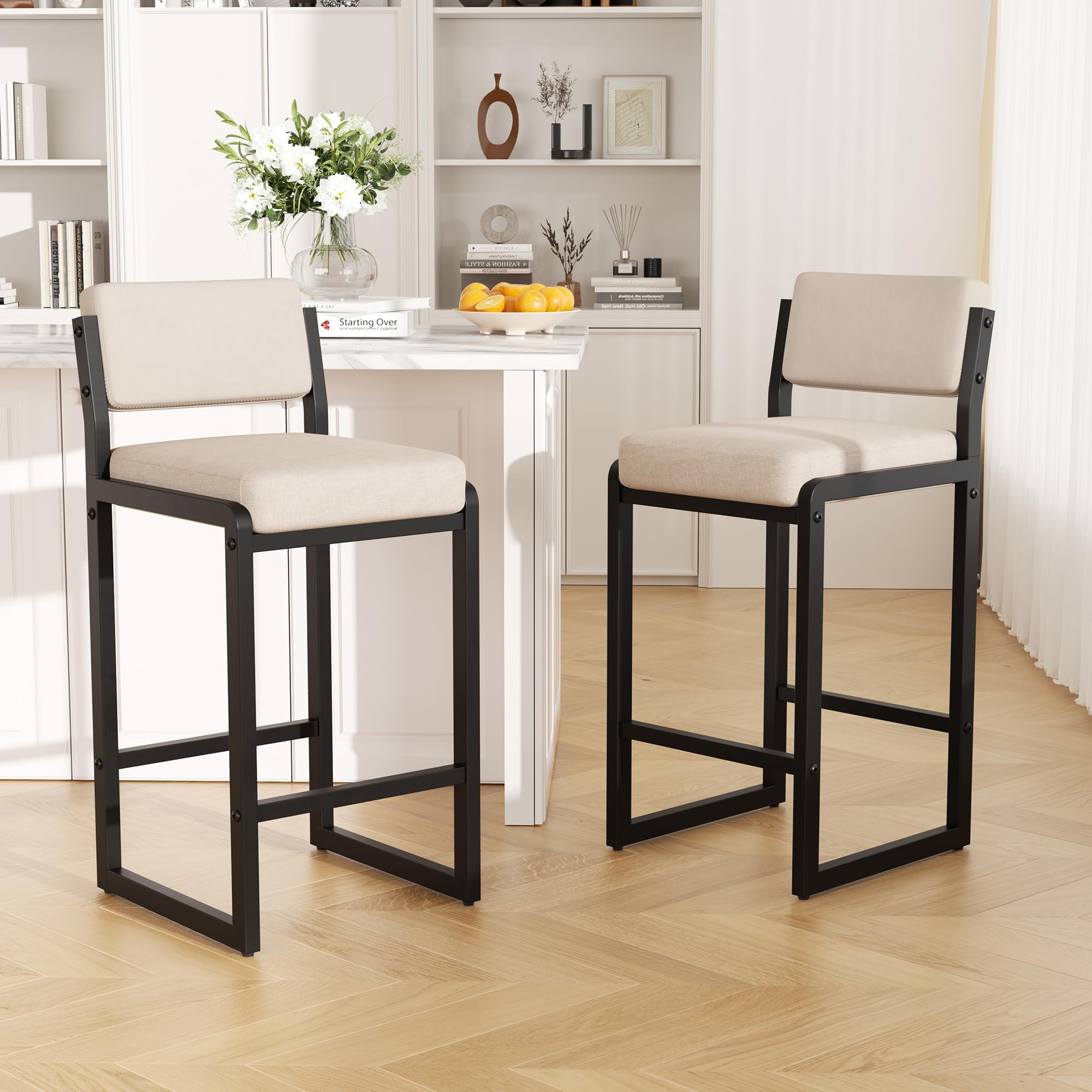 - Bar Stools Set of 2, Fabric Counter Height Bar Stools with High Back and Metal Legs, Upholstered Bar Chairs, 26" Modern Barstools for Kitchen Island, Camel